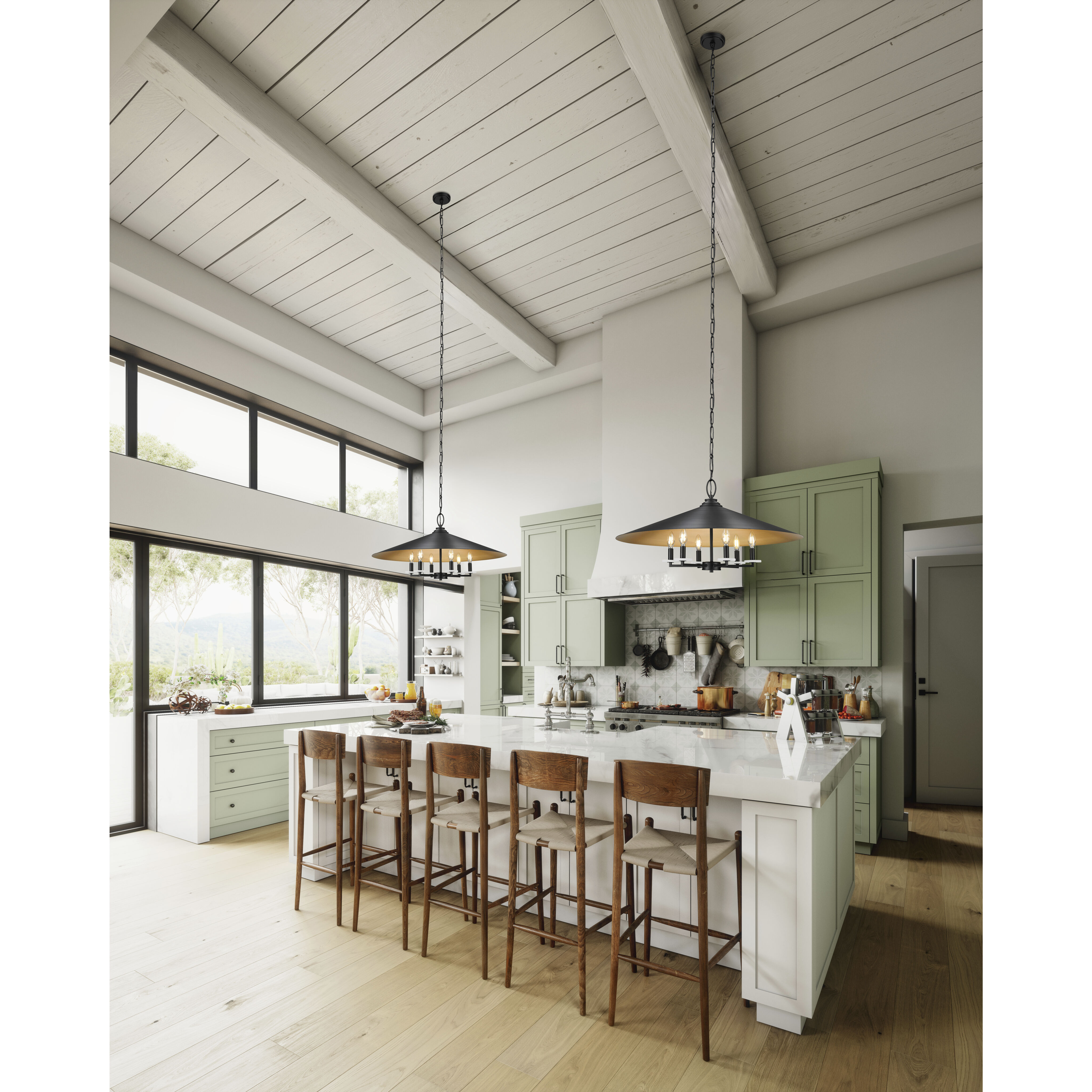 Rialto 6 Light 32 inch Matte Black Pendant Ceiling Light in Matte Black Outer,  Signature Rubbed Brass Inner