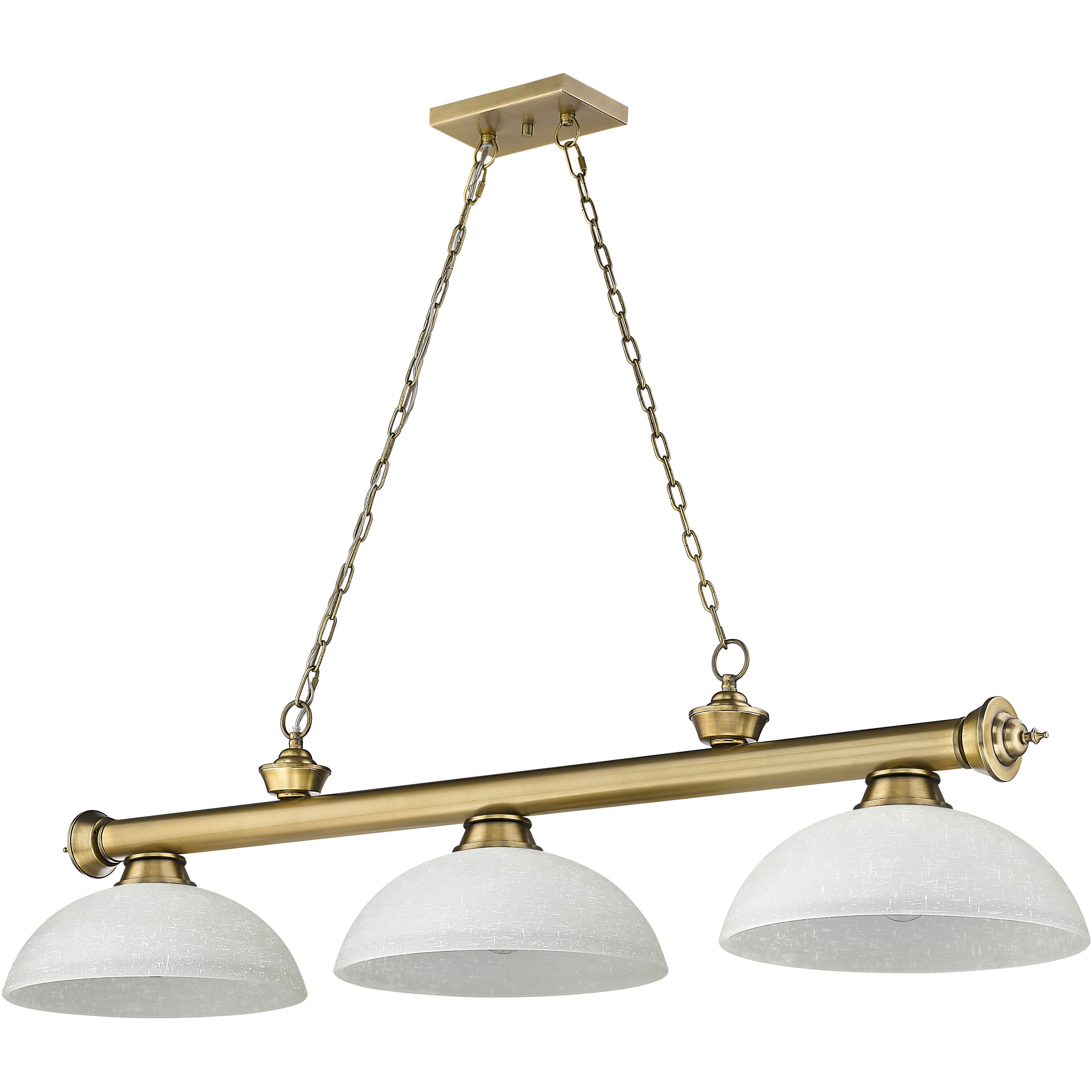 Cordon 3 Light 57.25 inch Rubbed Brass Billiard Ceiling Light in White Linen Glass