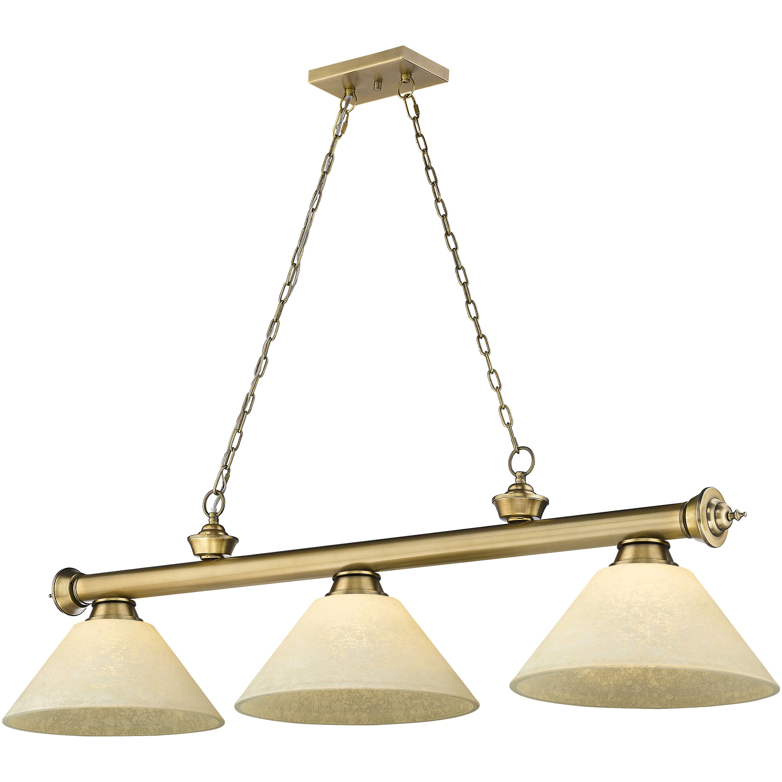 Cordon 3 Light 57.25 inch Rubbed Brass Billiard Ceiling Light in Golden Mottle Glass