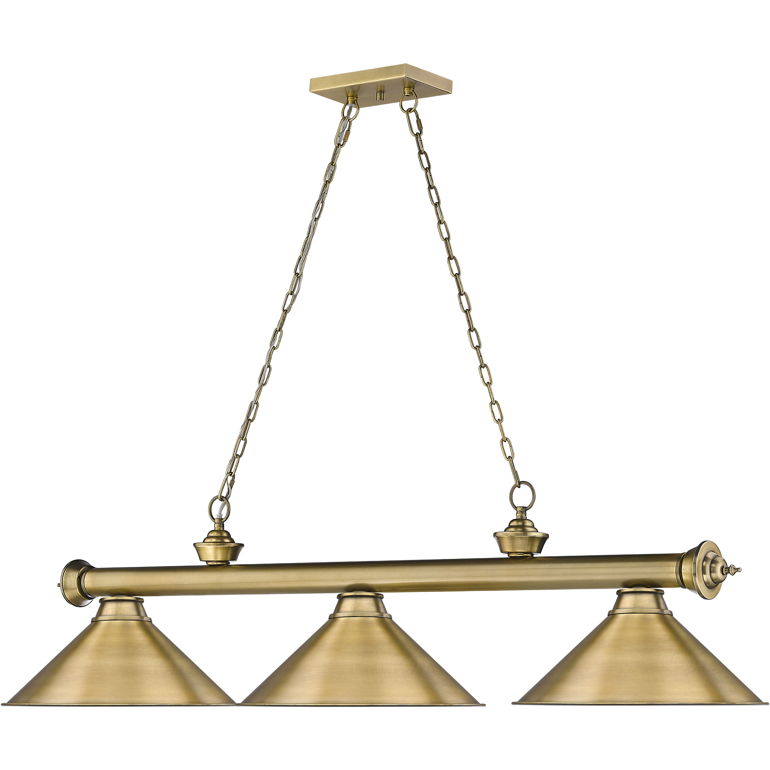 Cordon 3 Light 57.25 inch Rubbed Brass Billiard Ceiling Light in Rubbed Brass Metal