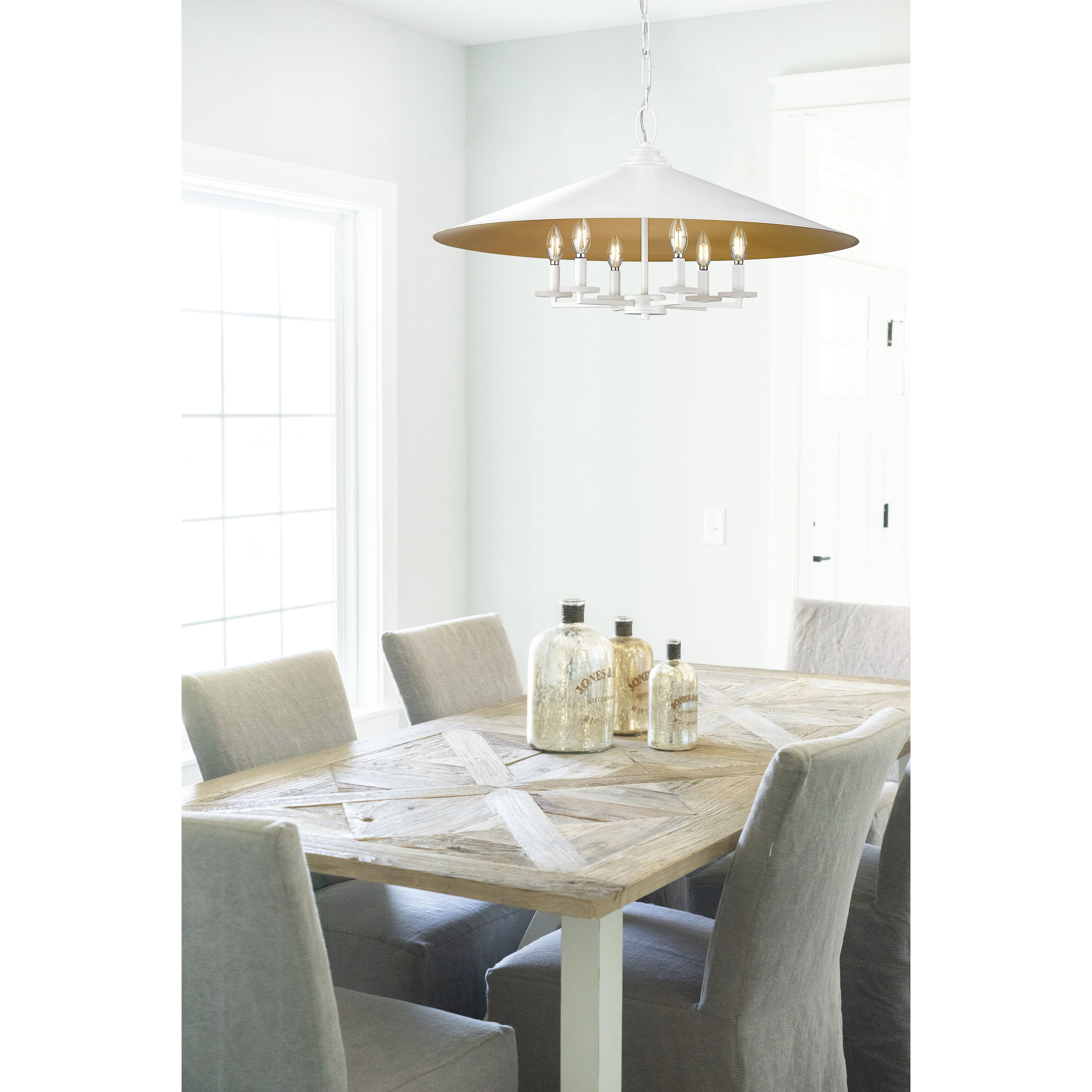 Rialto 6 Light 32 inch Matte White Pendant Ceiling Light in Matte White Outer,  Signature Rubbed Brass Inner