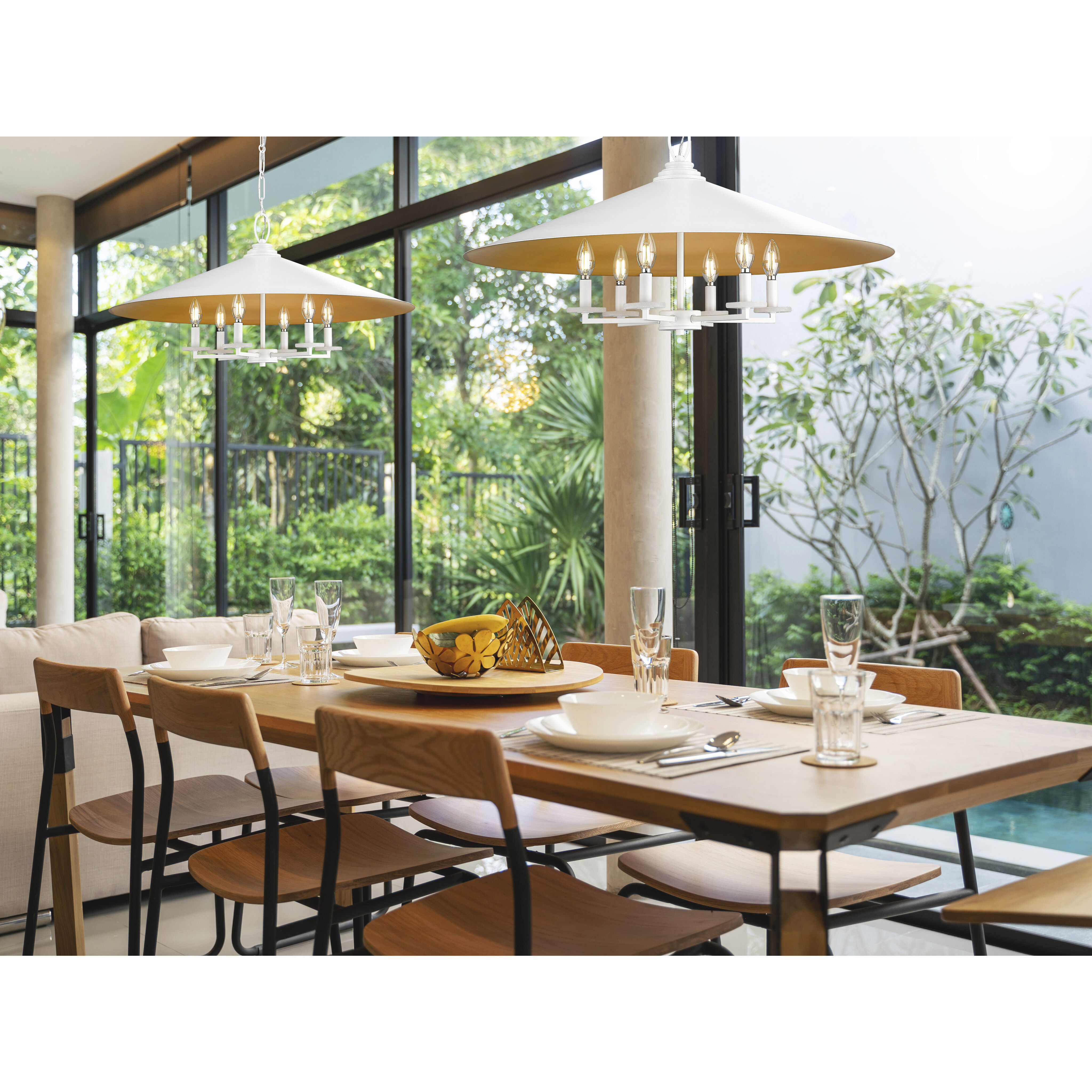 Rialto 6 Light 32 inch Matte White Pendant Ceiling Light in Matte White Outer,  Signature Rubbed Brass Inner