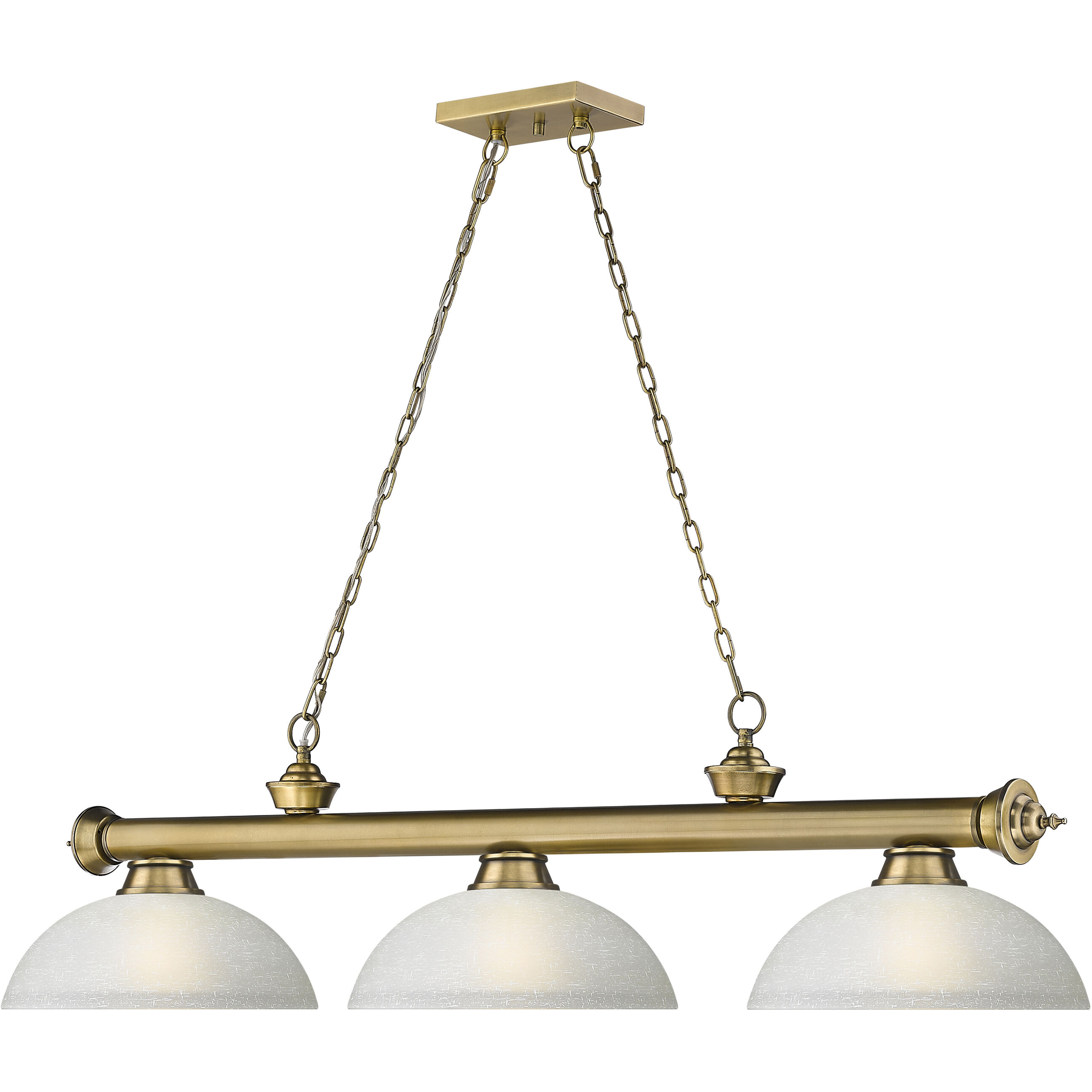 Cordon 3 Light 57.25 inch Rubbed Brass Billiard Ceiling Light in White Linen Glass