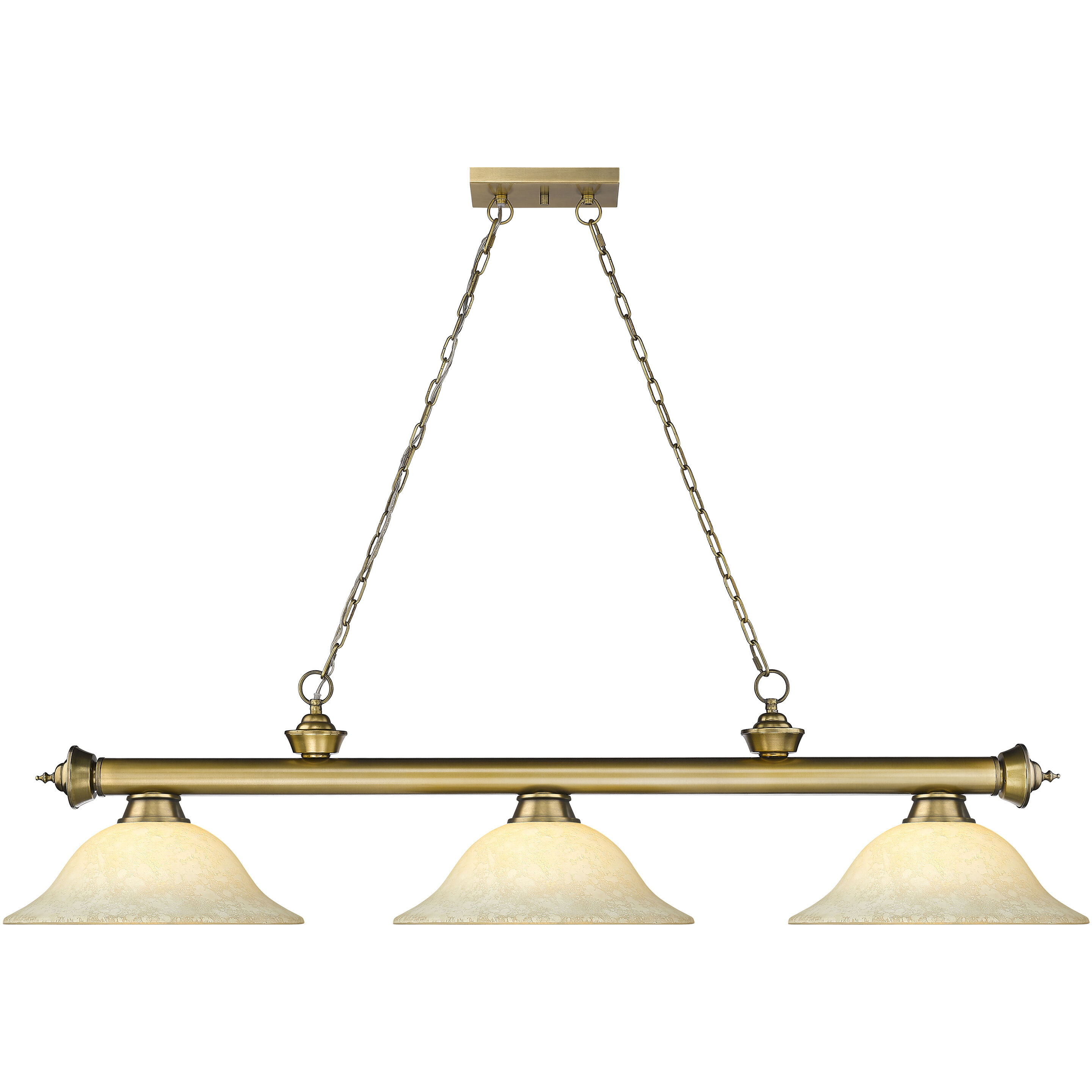Cordon 3 Light 58 inch Rubbed Brass Billiard Ceiling Light in Golden Mottle Glass