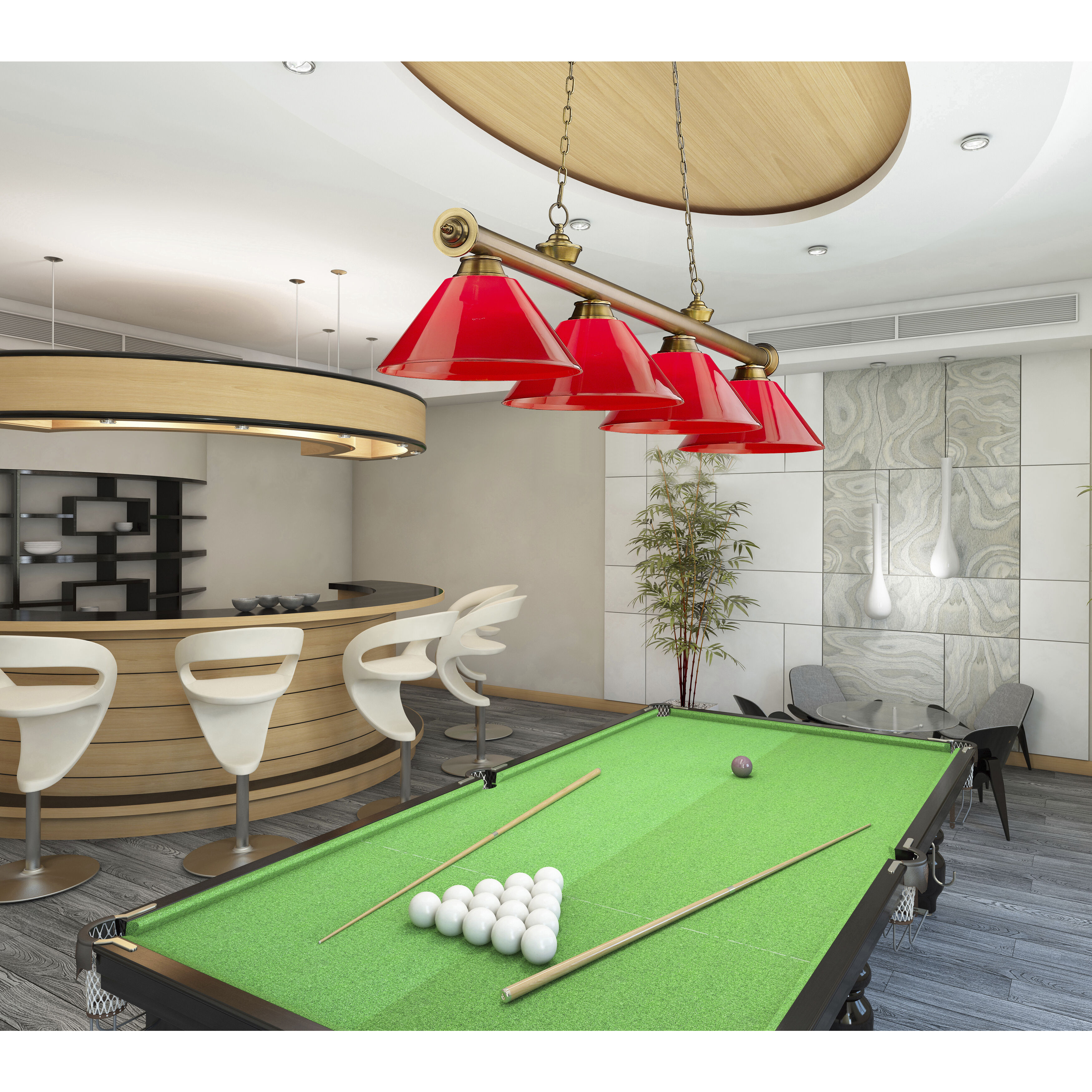 Cordon 4 Light 81.25 inch Rubbed Brass Billiard Ceiling Light in Red Plastic