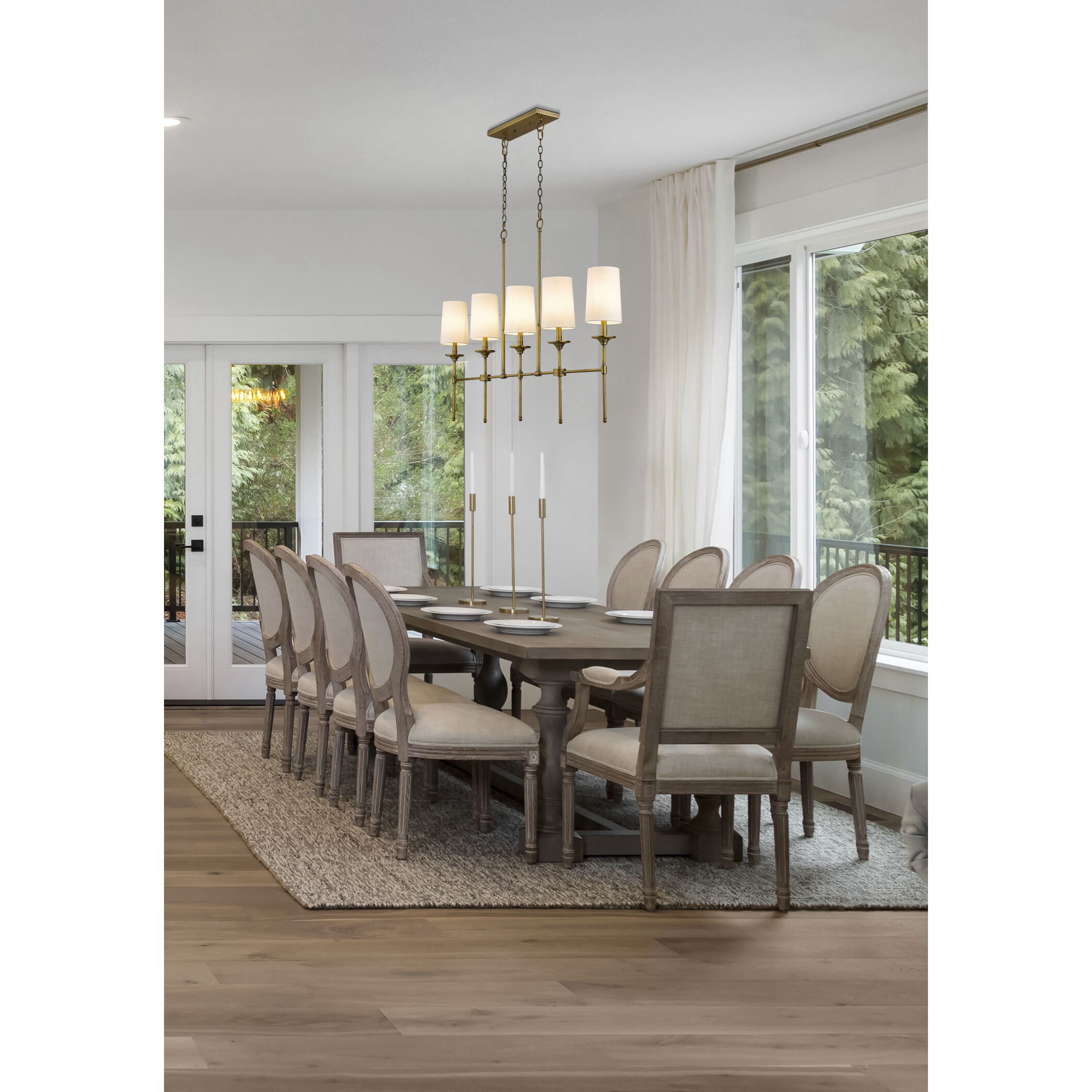 Emily 5 Light 51 inch Rubbed Brass Linear Chandelier Ceiling Light