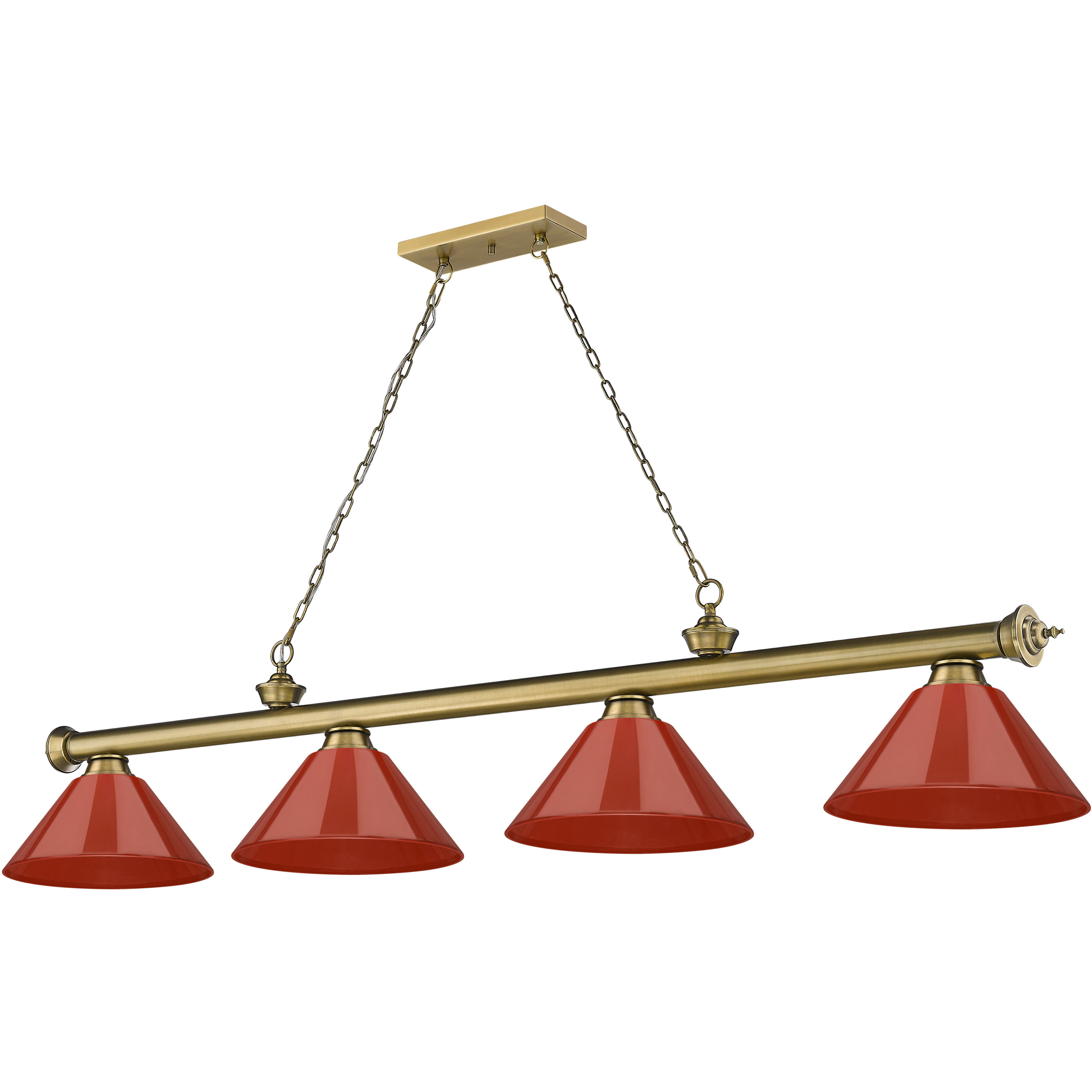 Cordon 4 Light 81.25 inch Rubbed Brass Billiard Ceiling Light in Red Plastic