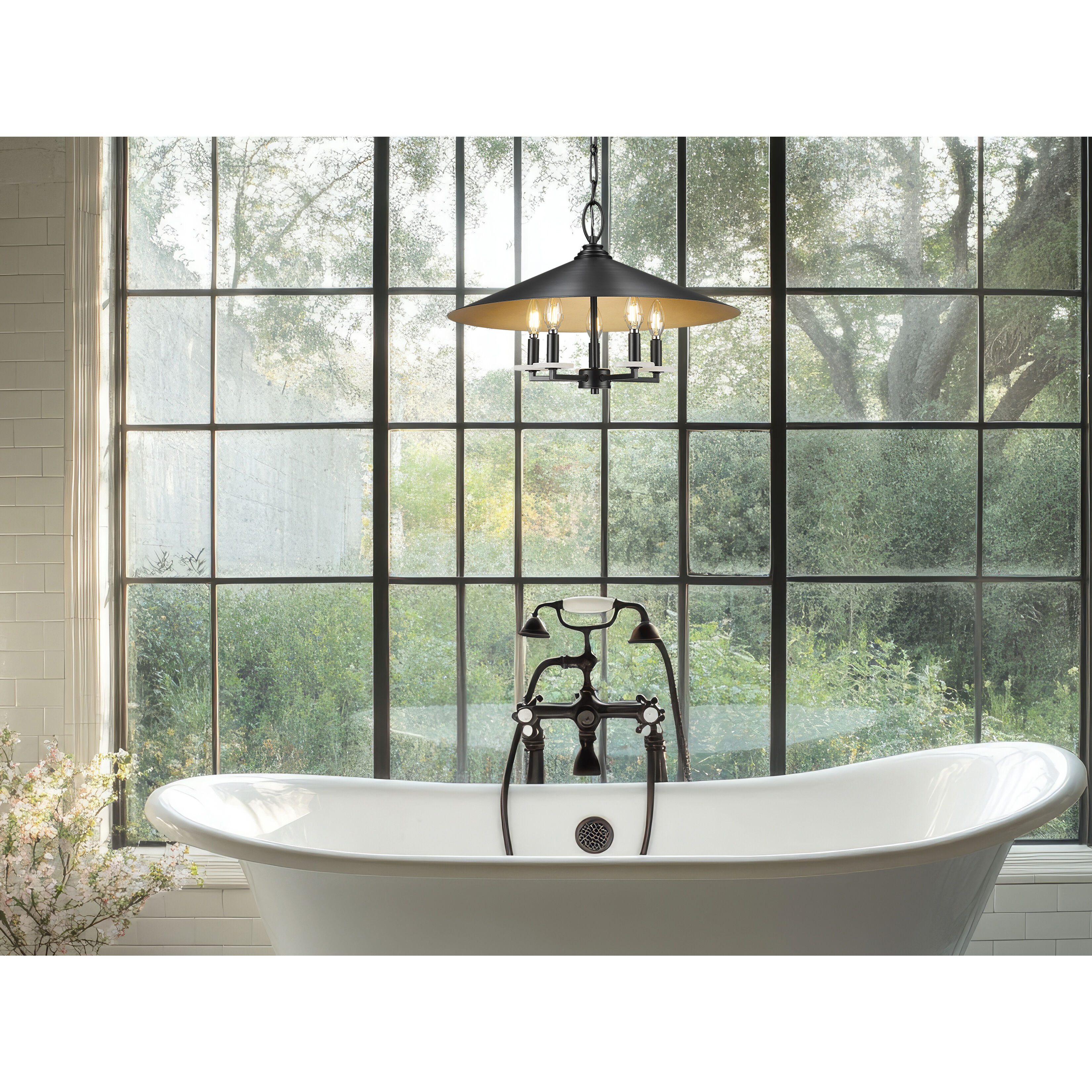 Rialto 5 Light 22 inch Matte Black Pendant Ceiling Light in Matte Black Outer,  Signature Rubbed Brass Inner