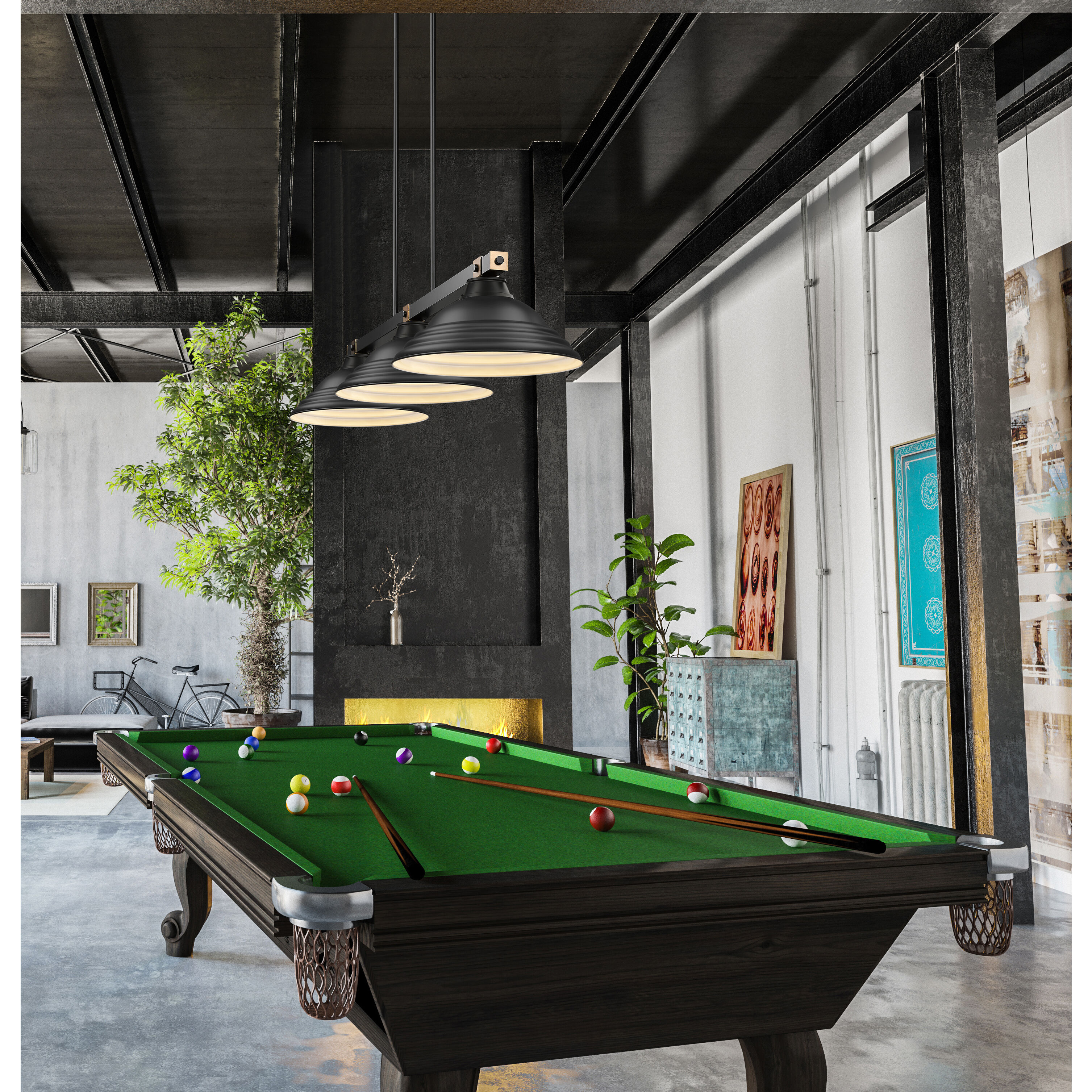 Bronte 3 Light 54.75 inch Matte Black and Rubbed Brass Billiard Light Ceiling Light