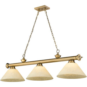Cordon 3 Light 57 inch Rubbed Brass Billiard Ceiling Light in Golden Mottle Glass