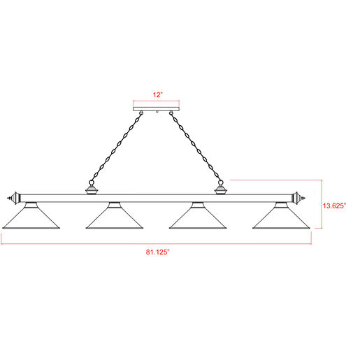 Cordon 4 Light 81.25 inch Brushed Nickel Billiard Ceiling Light in Rubbed Brass Metal