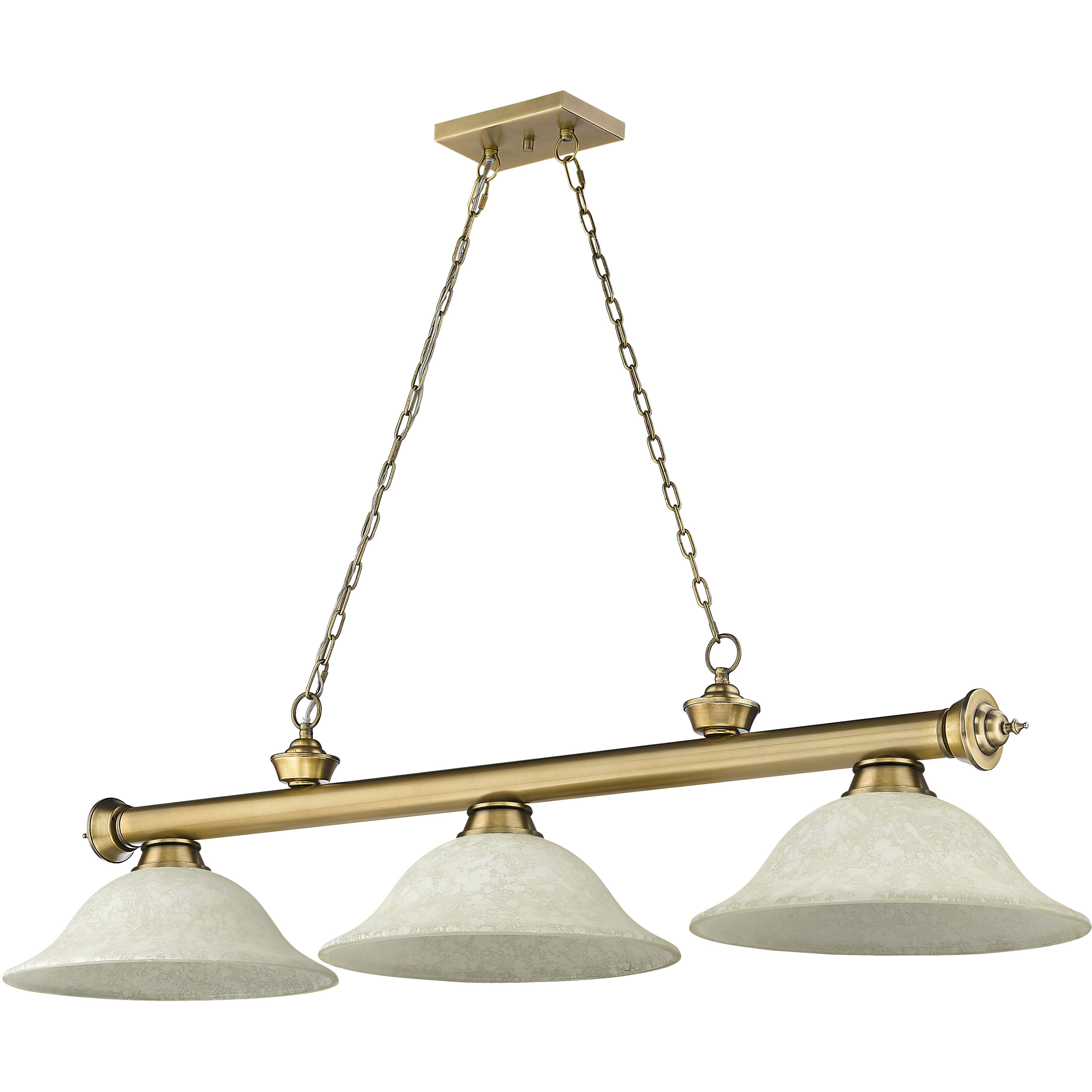 Cordon 3 Light 58 inch Rubbed Brass Billiard Ceiling Light in Golden Mottle Glass