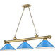 Cordon 3 Light 58 inch Rubbed Brass Billiard Ceiling Light in Electric Blue Steel