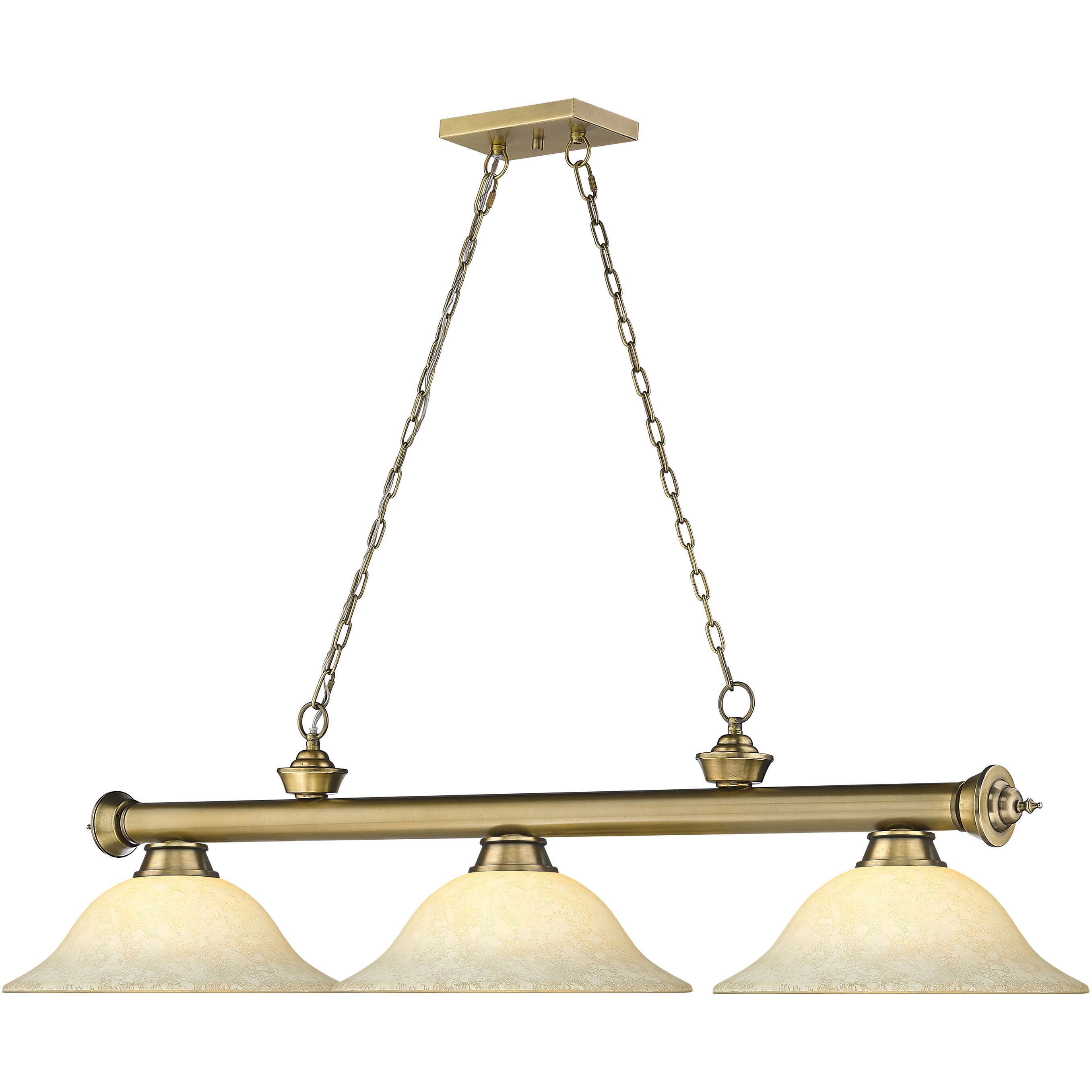 Cordon 3 Light 58 inch Rubbed Brass Billiard Ceiling Light in Golden Mottle Glass