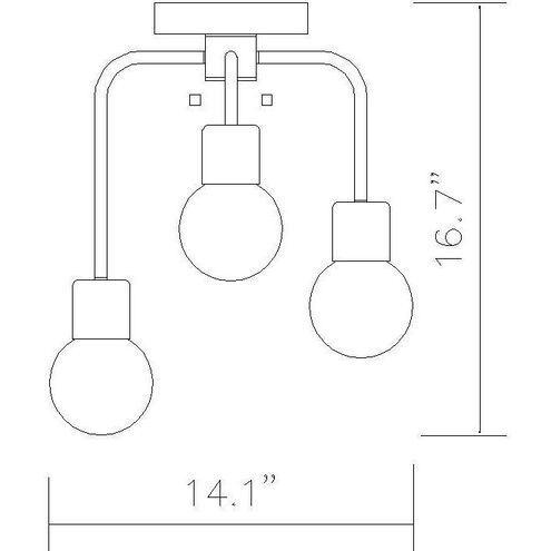 Neutra 3 Light 14 inch Matte Black and Foundry Brass Semi Flush Mount Ceiling Light
