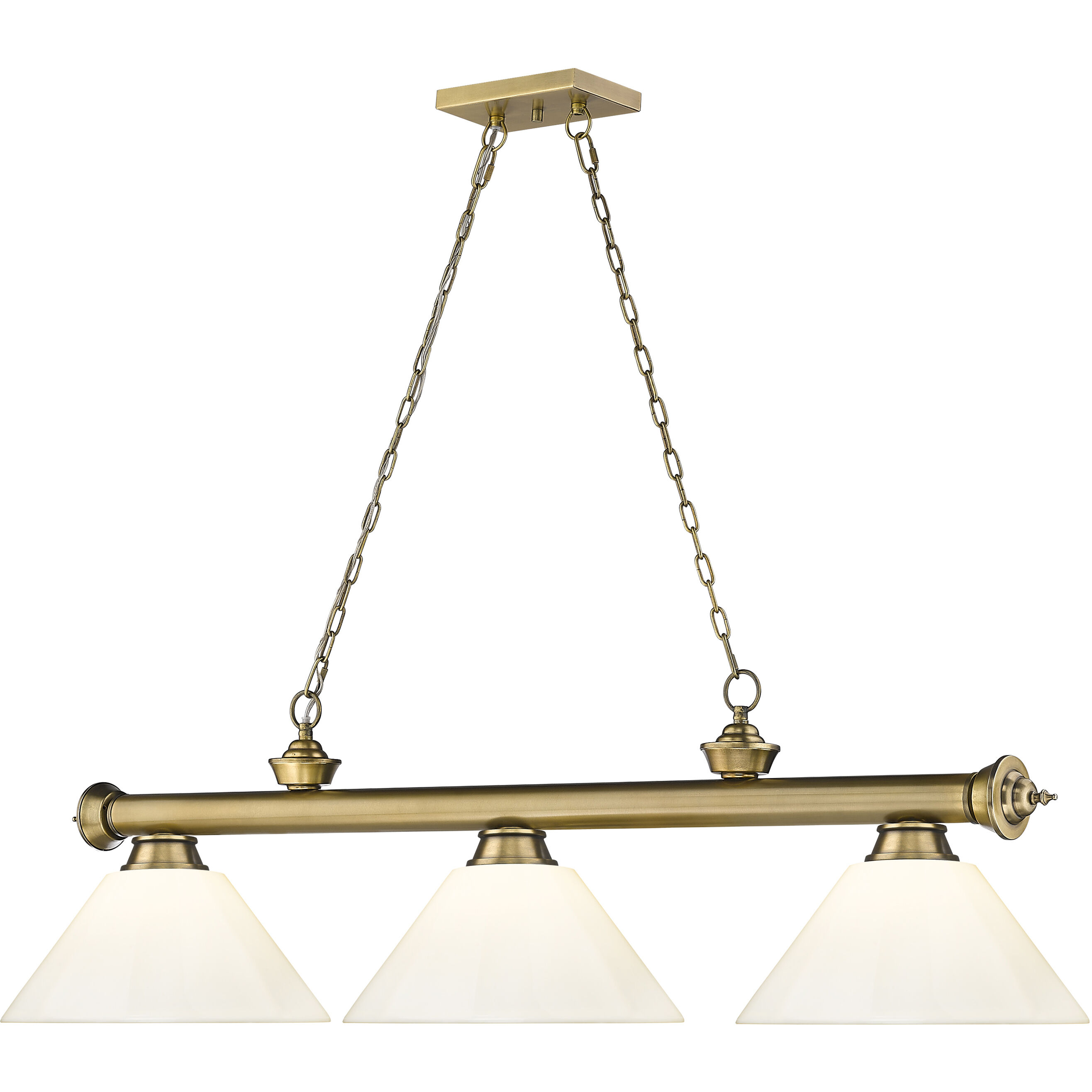 Cordon 3 Light 57.25 inch Rubbed Brass Billiard Ceiling Light in White Plastic