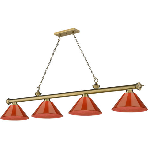 Cordon 4 Light 81.25 inch Rubbed Brass Billiard Ceiling Light in Red Plastic