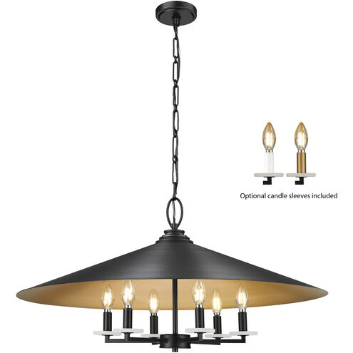 Rialto 6 Light 32 inch Matte Black Pendant Ceiling Light in Matte Black Outer, Signature Rubbed Brass Inner