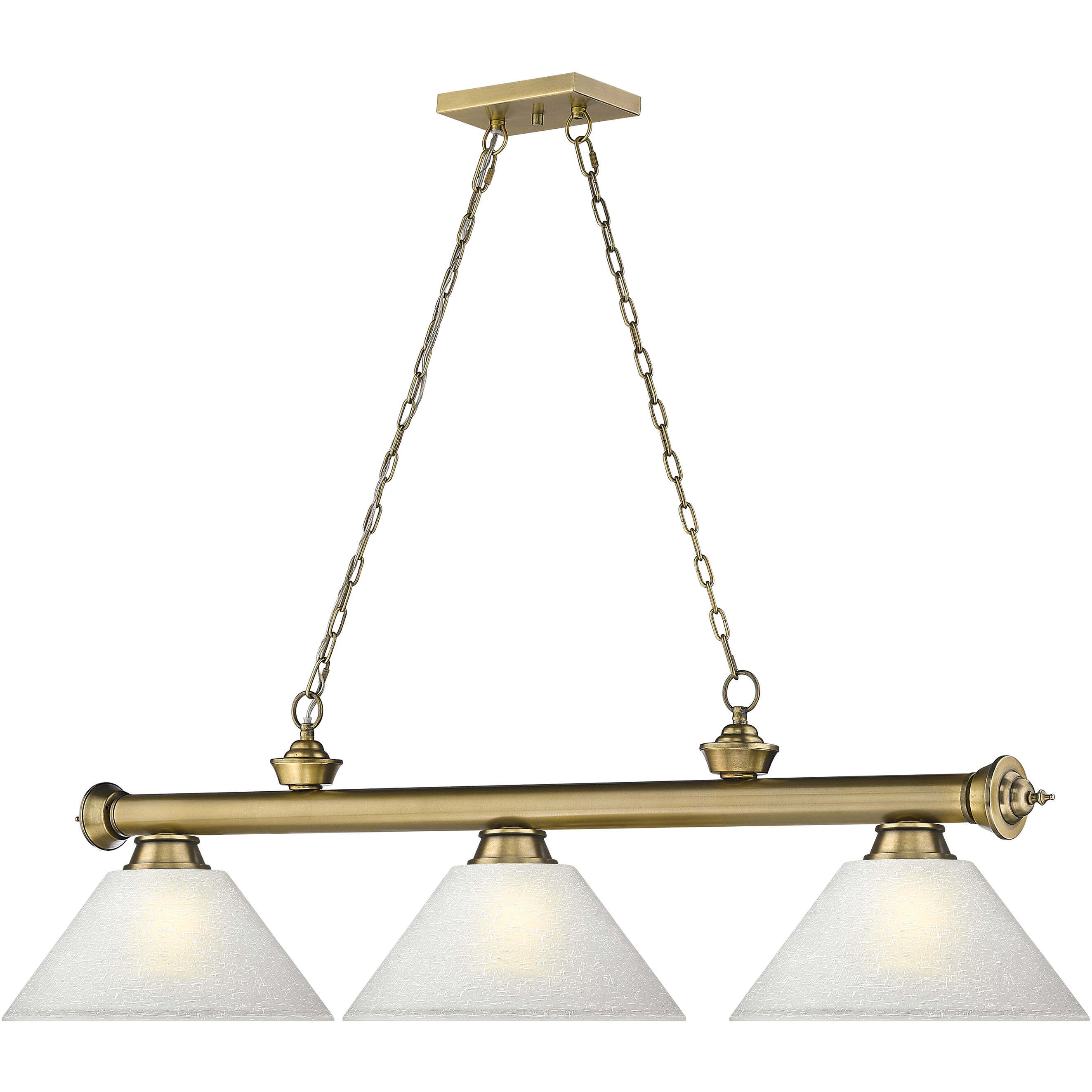 Cordon 3 Light 57.25 inch Rubbed Brass Billiard Ceiling Light in White Linen Glass