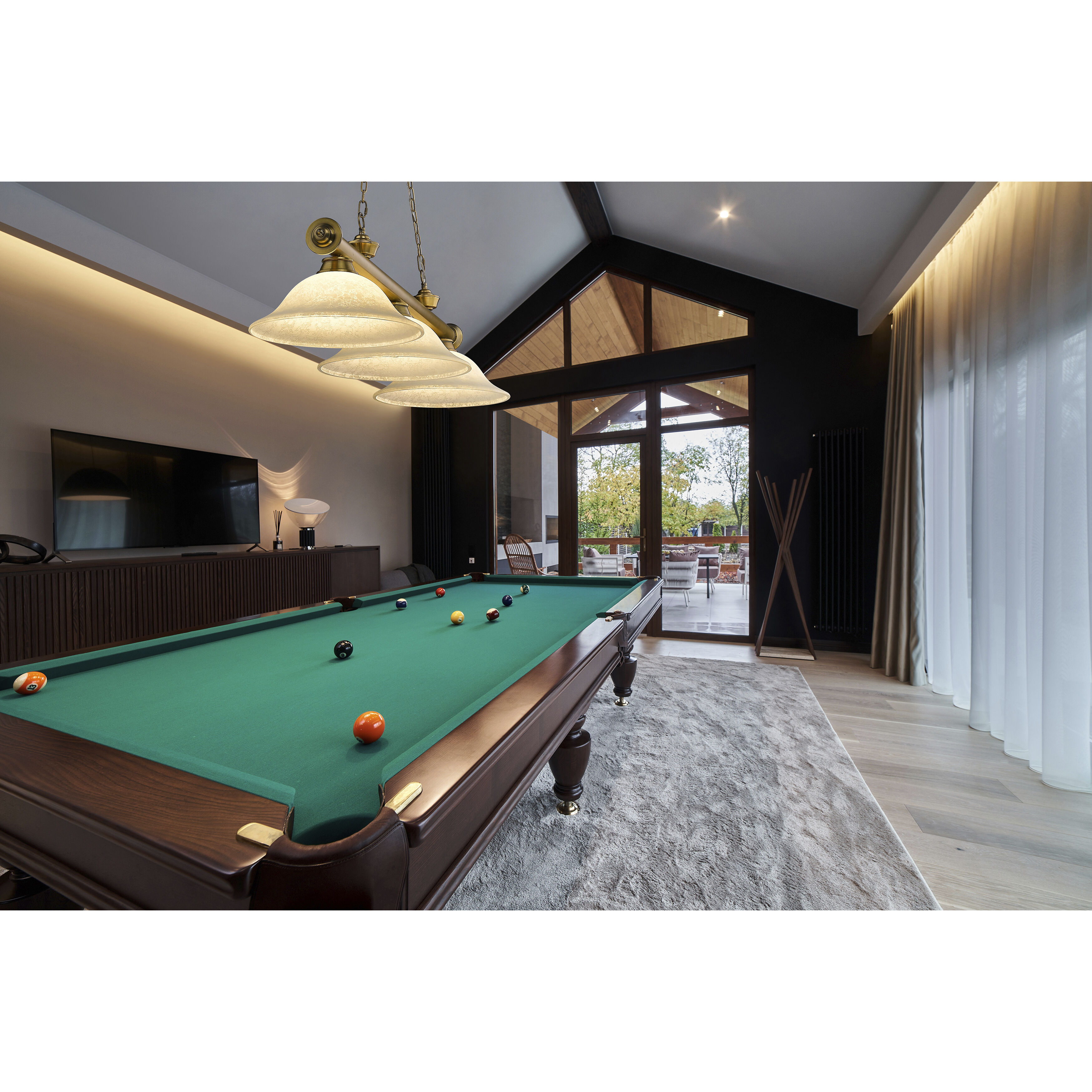 Cordon 3 Light 58 inch Rubbed Brass Billiard Ceiling Light in Golden Mottle Glass