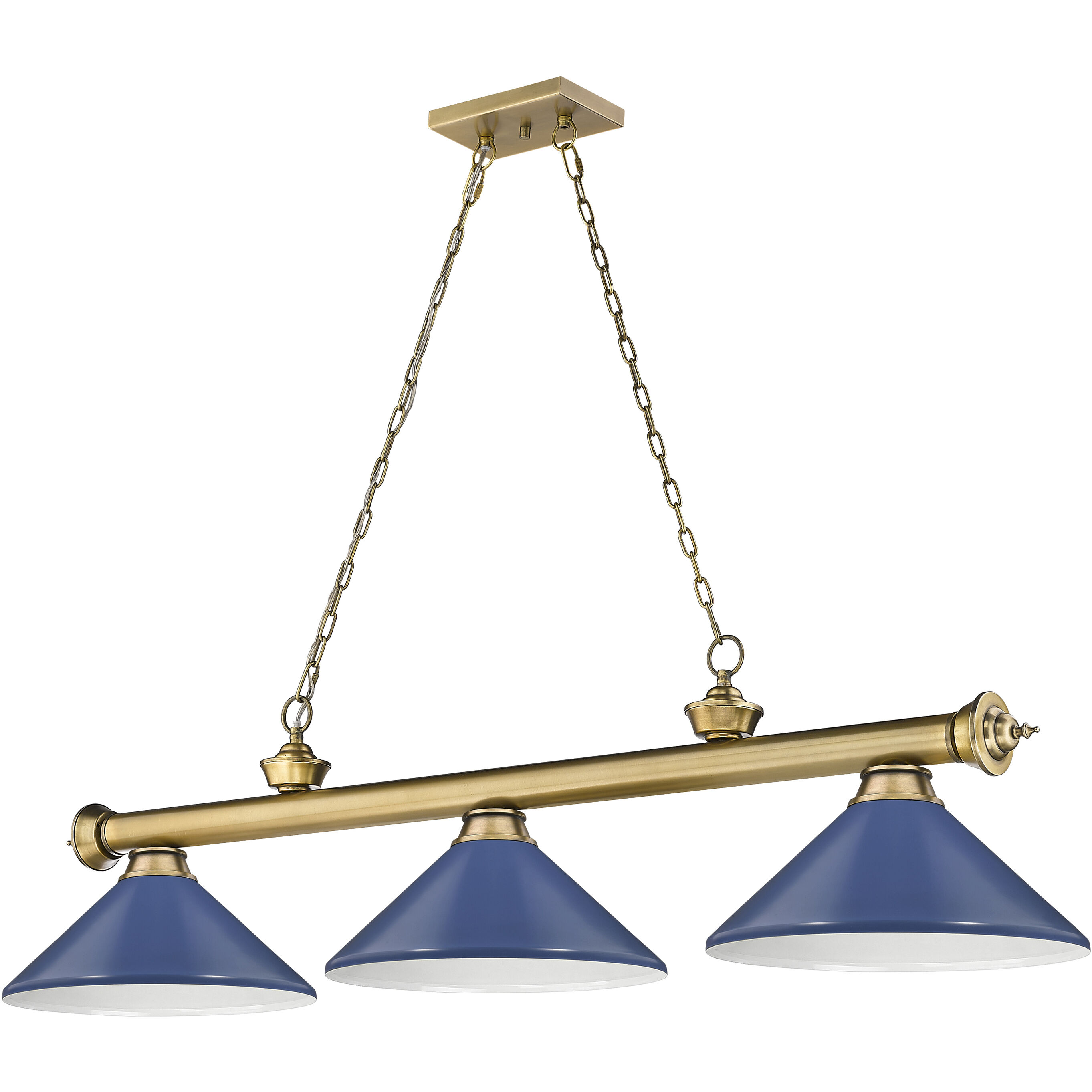 Cordon 3 Light 58 inch Rubbed Brass Billiard Ceiling Light in Navy Blue Steel
