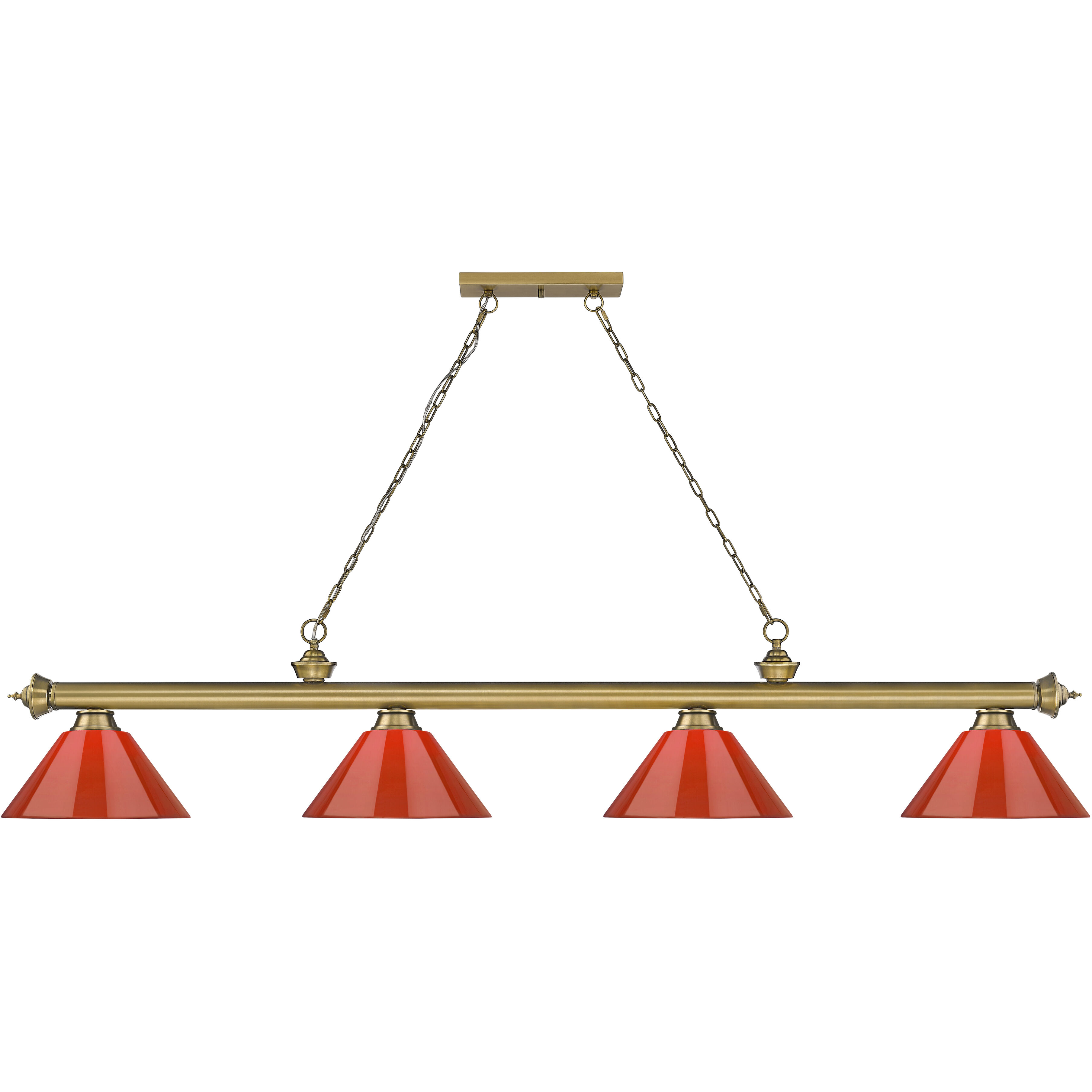 Cordon 4 Light 81.25 inch Rubbed Brass Billiard Ceiling Light in Red Plastic