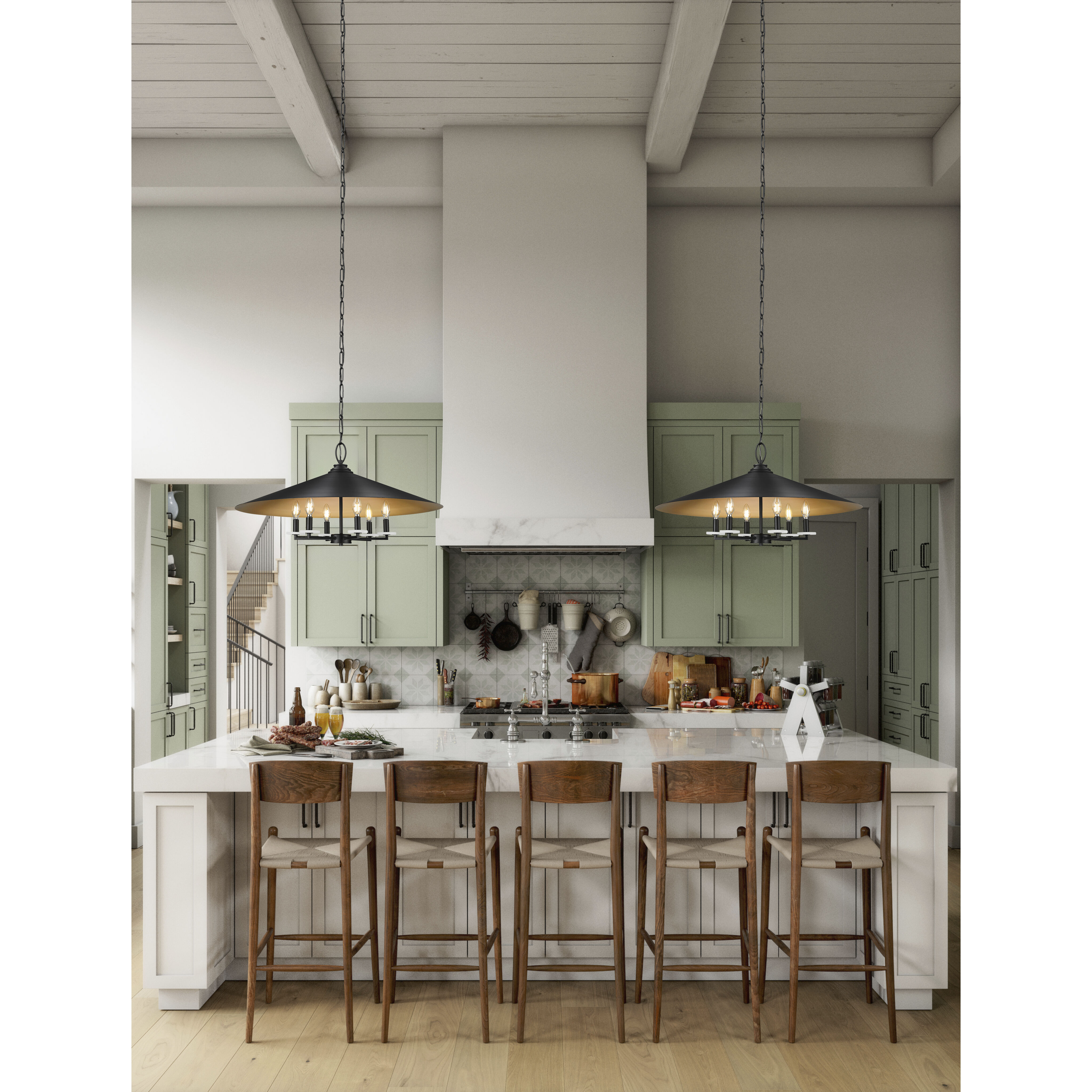 Rialto 6 Light 32 inch Matte Black Pendant Ceiling Light in Matte Black Outer,  Signature Rubbed Brass Inner