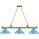Cordon 3 Light 58 inch Rubbed Brass Billiard Ceiling Light in Electric Blue Steel