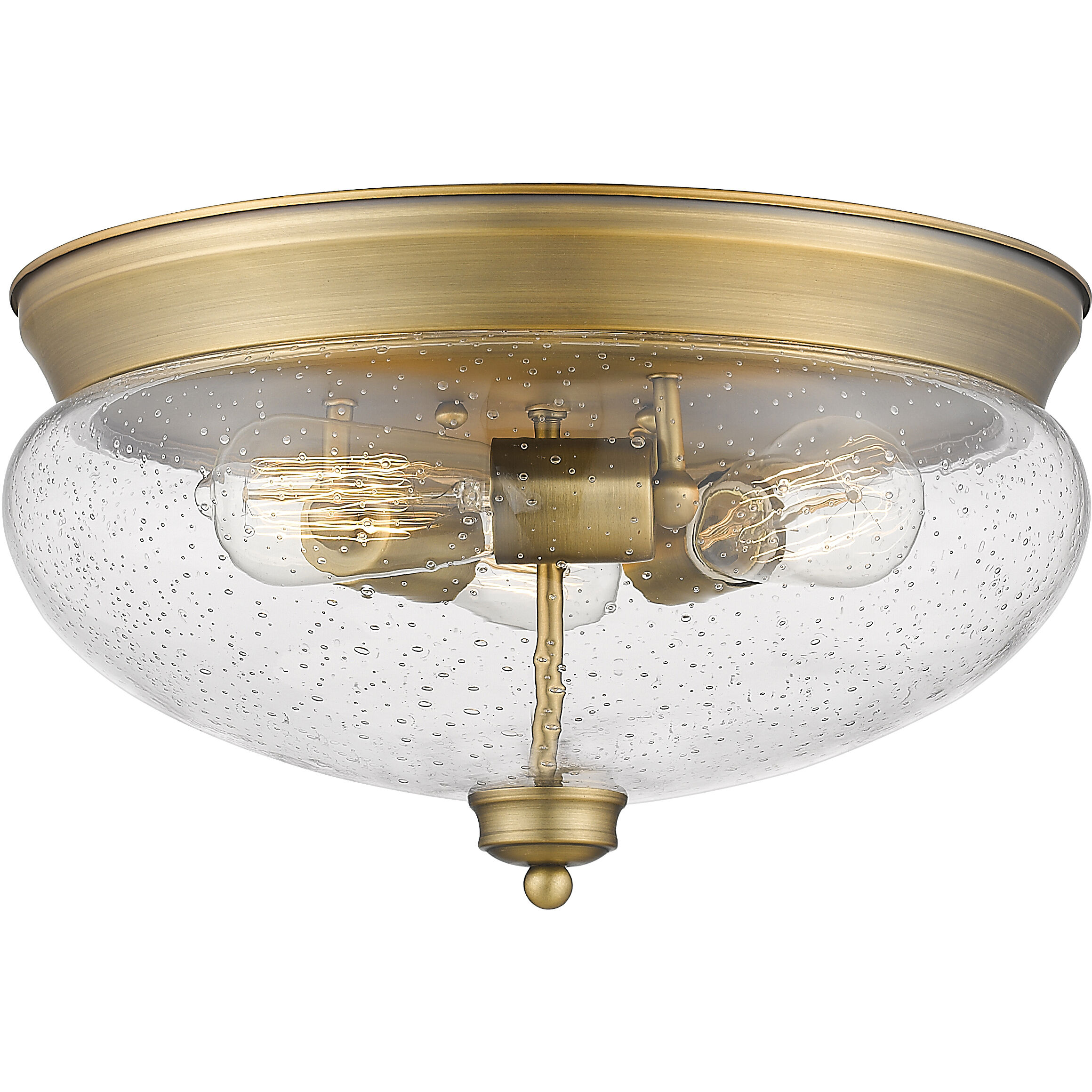 Amon 3 Light 15 inch Heritage Brass Flush Mount Ceiling Light in Clear Seedy Glass, 5.25