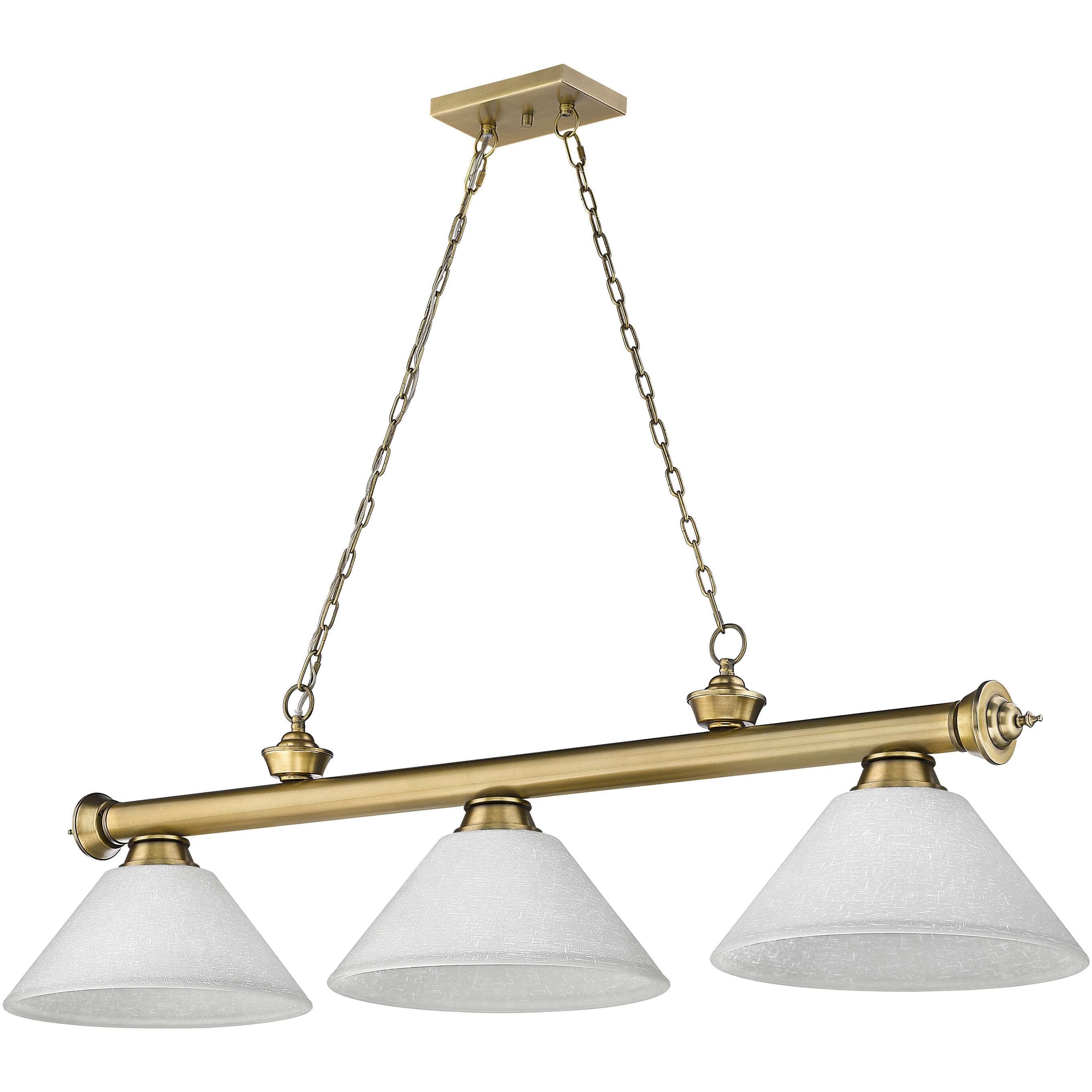 Cordon 3 Light 57.25 inch Rubbed Brass Billiard Ceiling Light in White Linen Glass