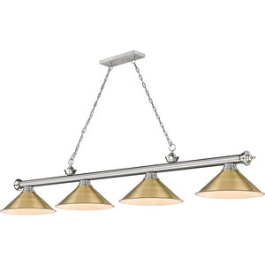 Cordon 4 Light 81.25 inch Brushed Nickel Billiard Ceiling Light in Rubbed Brass Metal