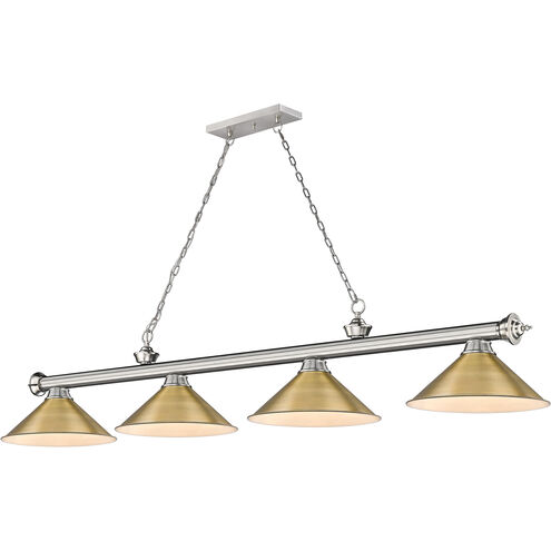 Cordon 4 Light 81.25 inch Brushed Nickel Billiard Ceiling Light in Rubbed Brass Metal