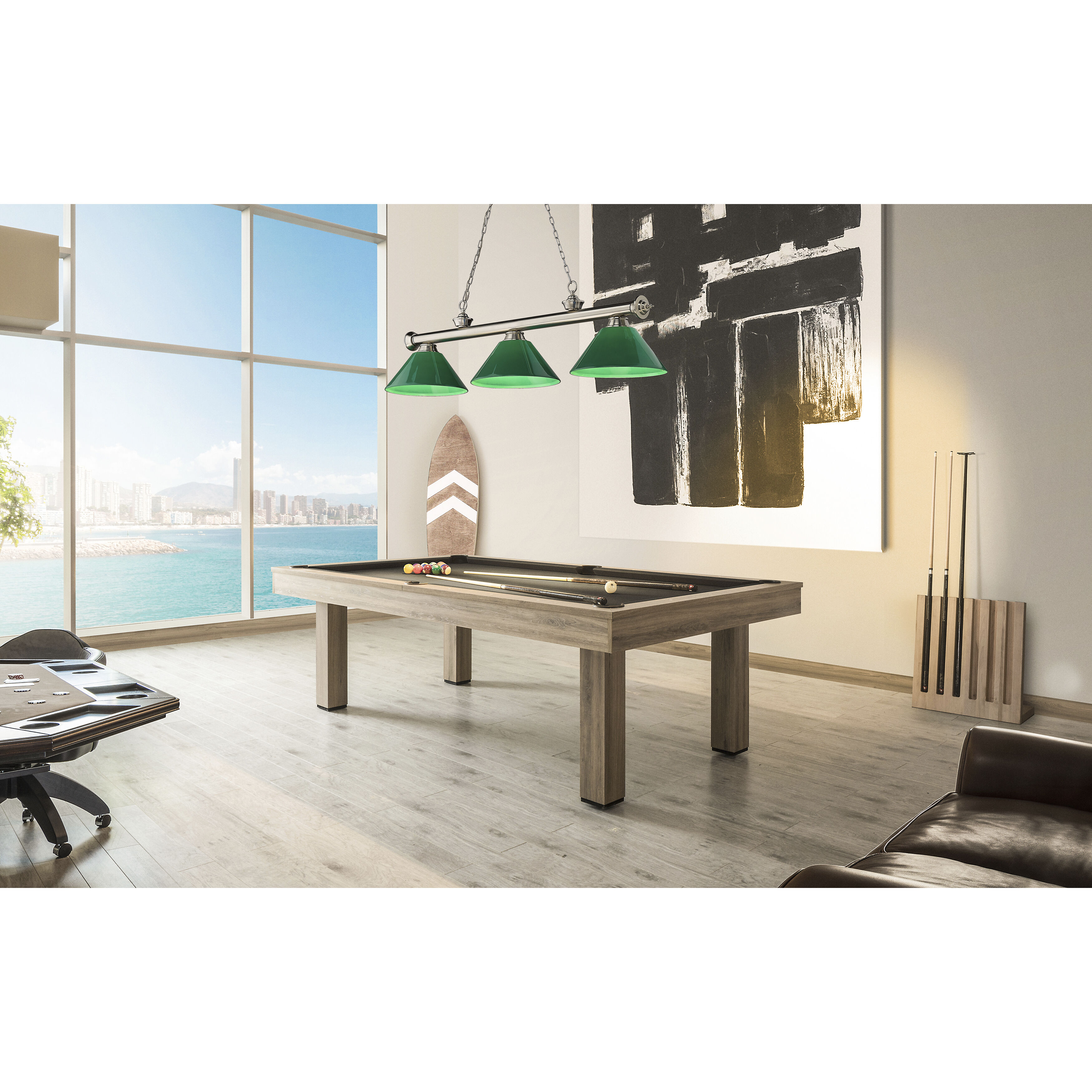 Cordon 3 Light 57.25 inch Brushed Nickel Billiard Ceiling Light in Green Plastic