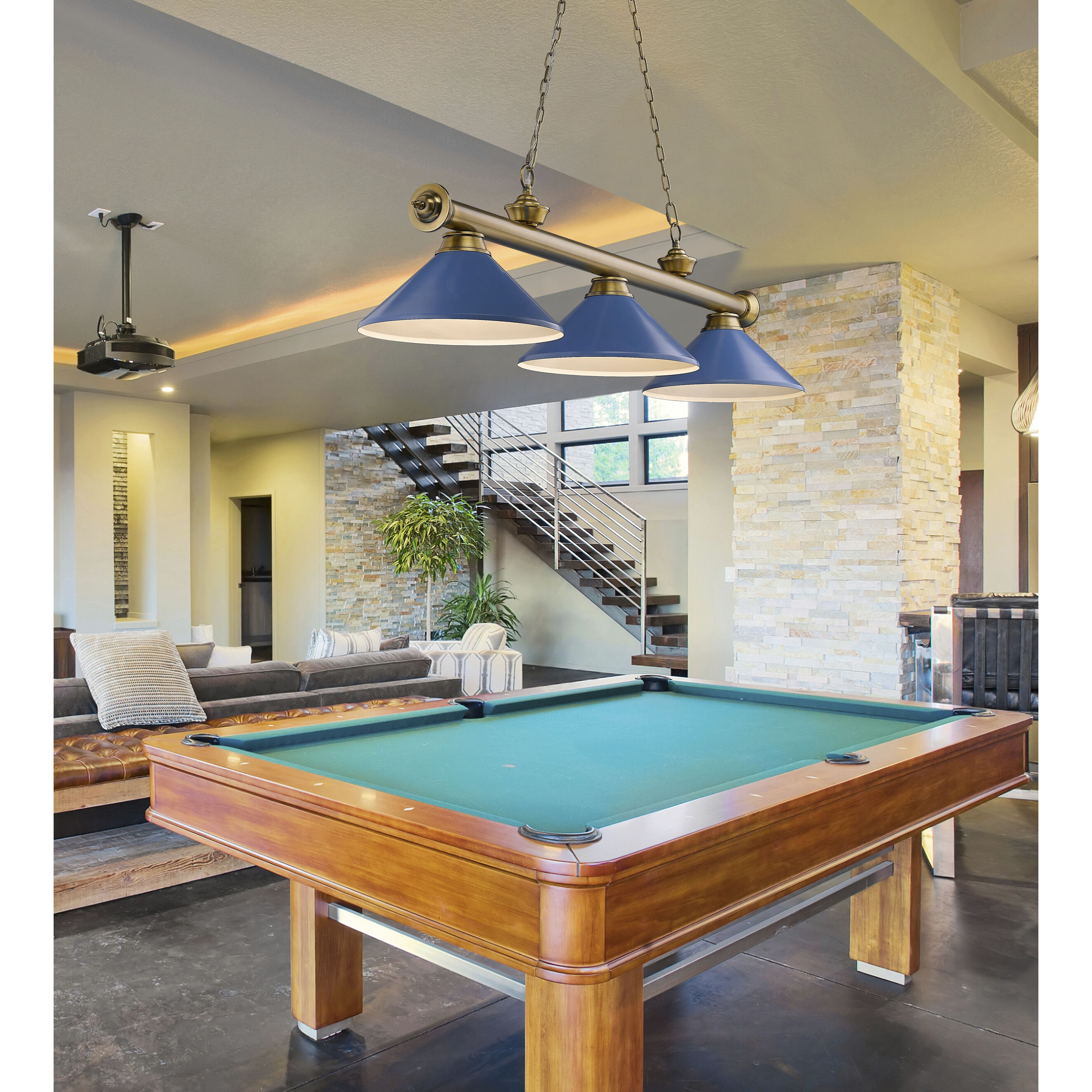Cordon 3 Light 58 inch Rubbed Brass Billiard Ceiling Light in Navy Blue Steel