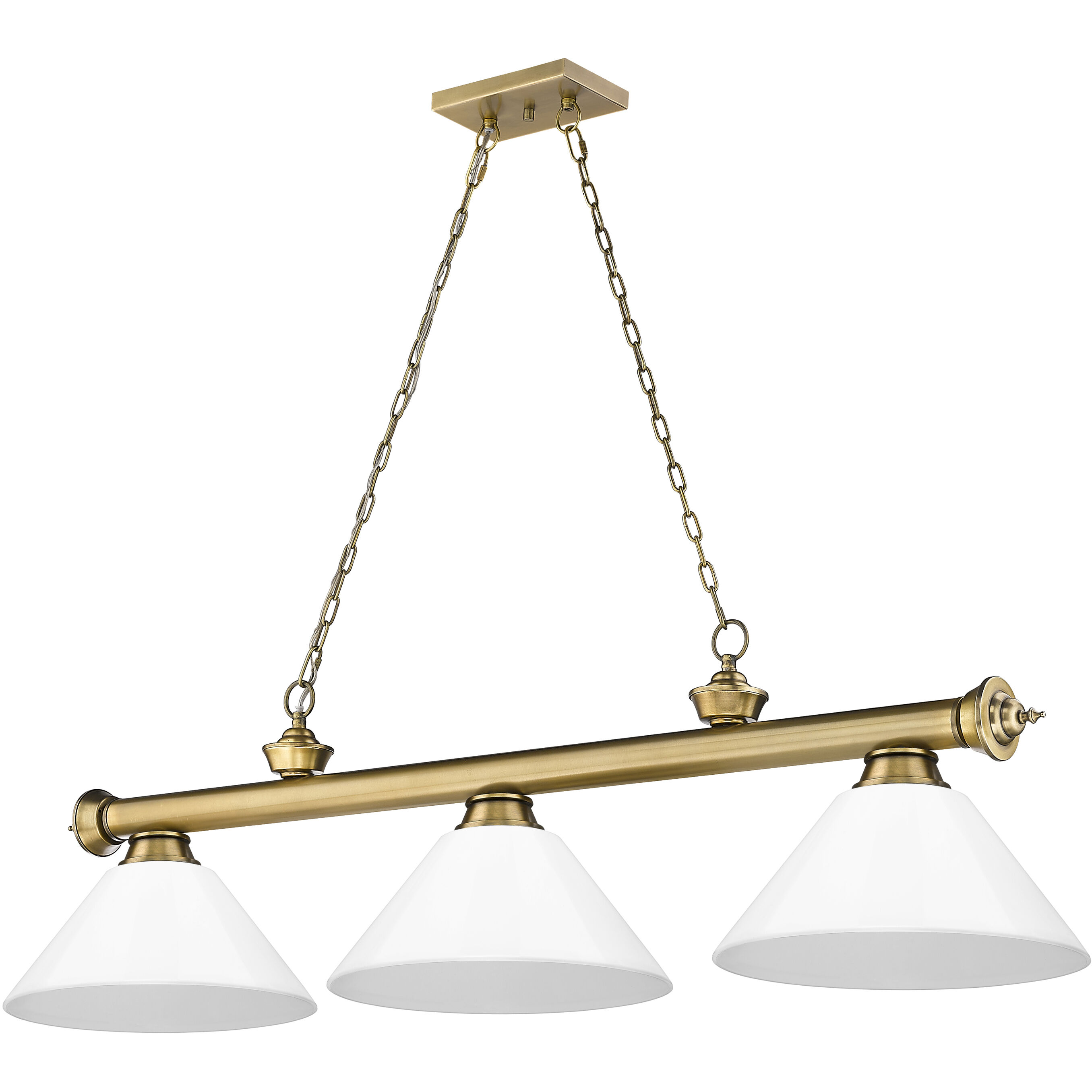 Cordon 3 Light 57.25 inch Rubbed Brass Billiard Ceiling Light in White Plastic