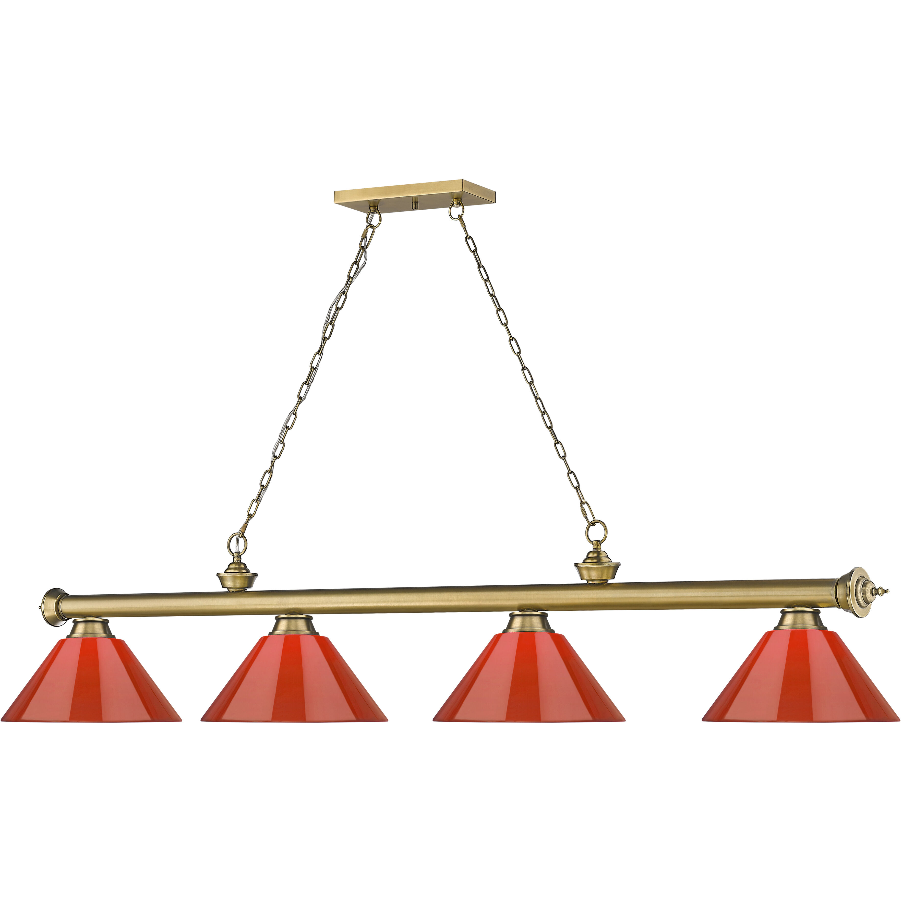 Cordon 4 Light 81.25 inch Rubbed Brass Billiard Ceiling Light in Red Plastic
