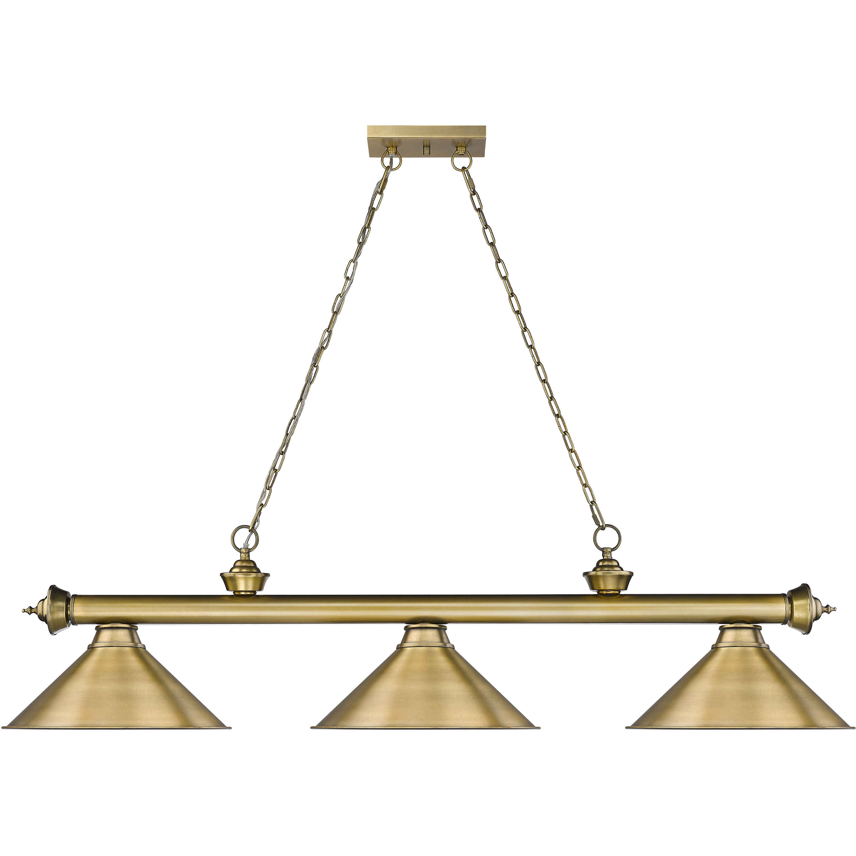 Cordon 3 Light 57.25 inch Rubbed Brass Billiard Ceiling Light in Rubbed Brass Metal