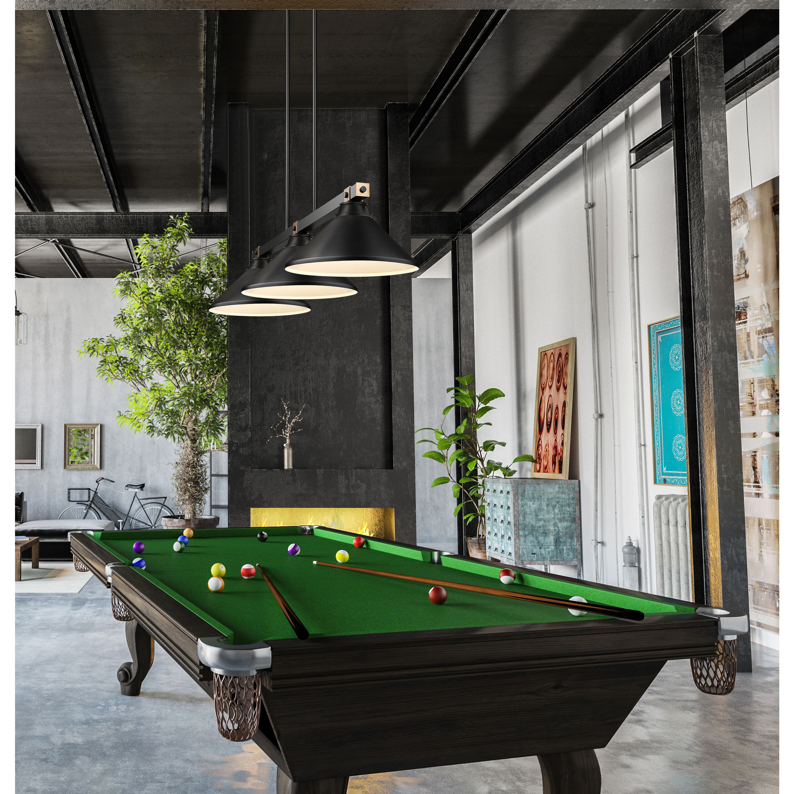 Bronte 3 Light 52.75 inch Matte Black and Rubbed Brass Billiard Light Ceiling Light