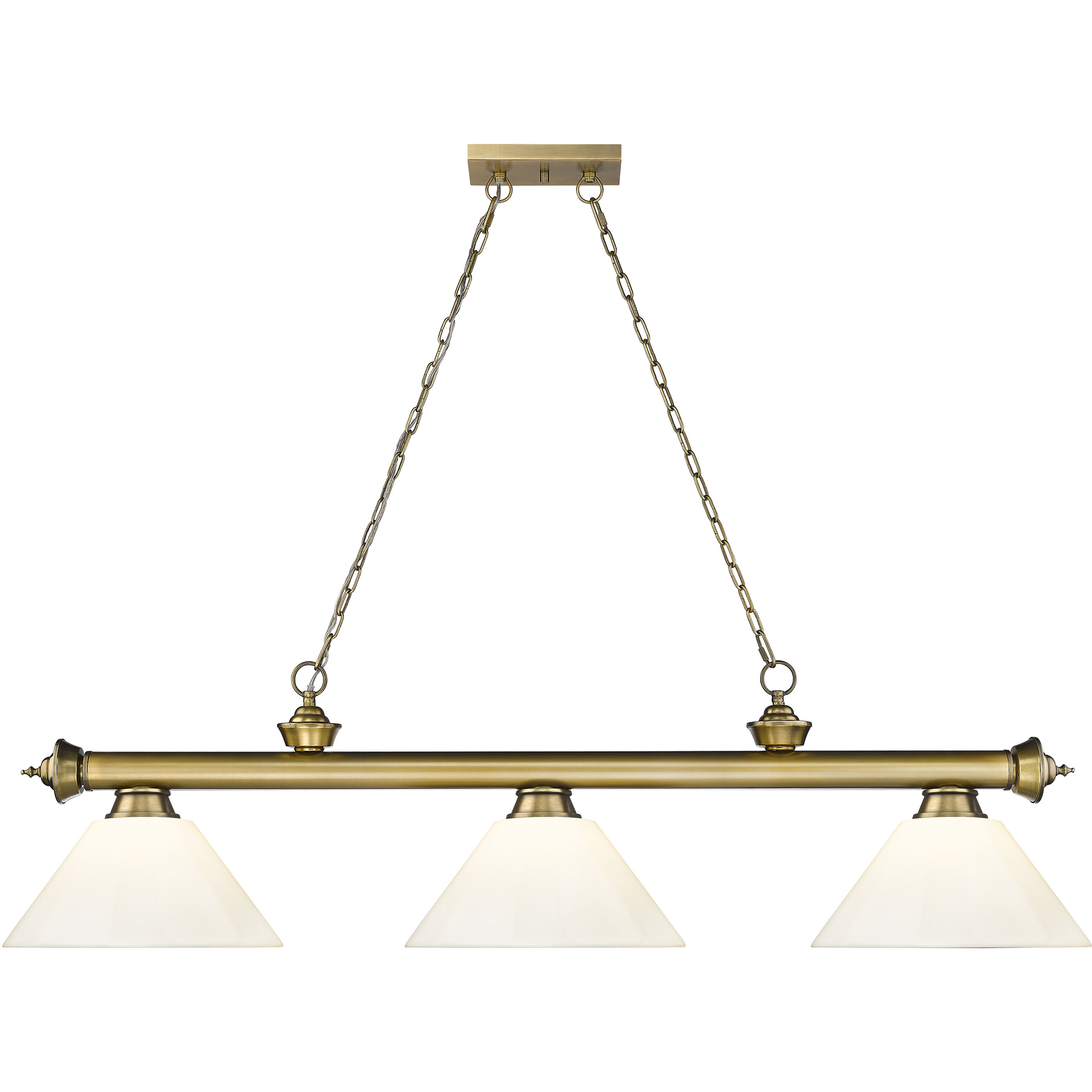 Cordon 3 Light 57.25 inch Rubbed Brass Billiard Ceiling Light in White Plastic