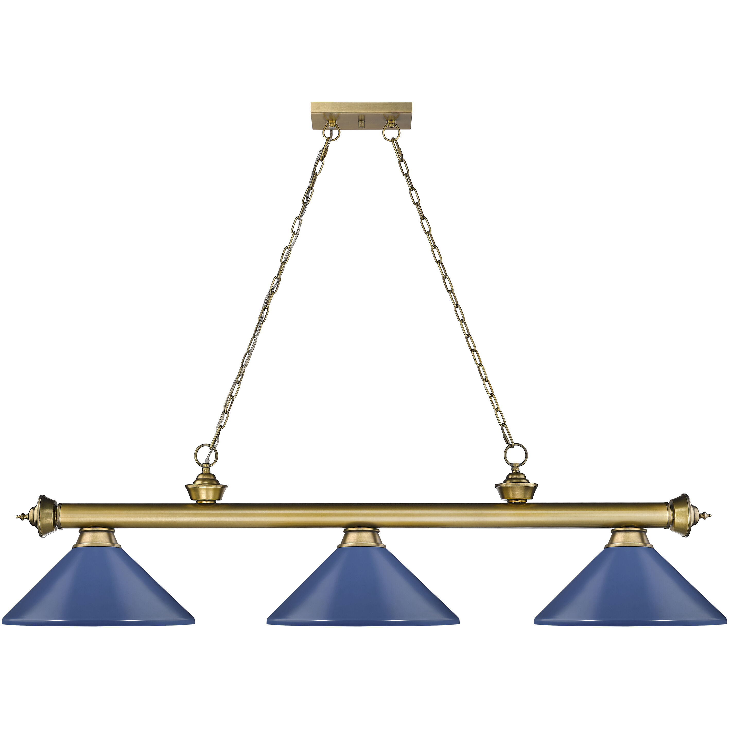 Cordon 3 Light 58 inch Rubbed Brass Billiard Ceiling Light in Navy Blue Steel