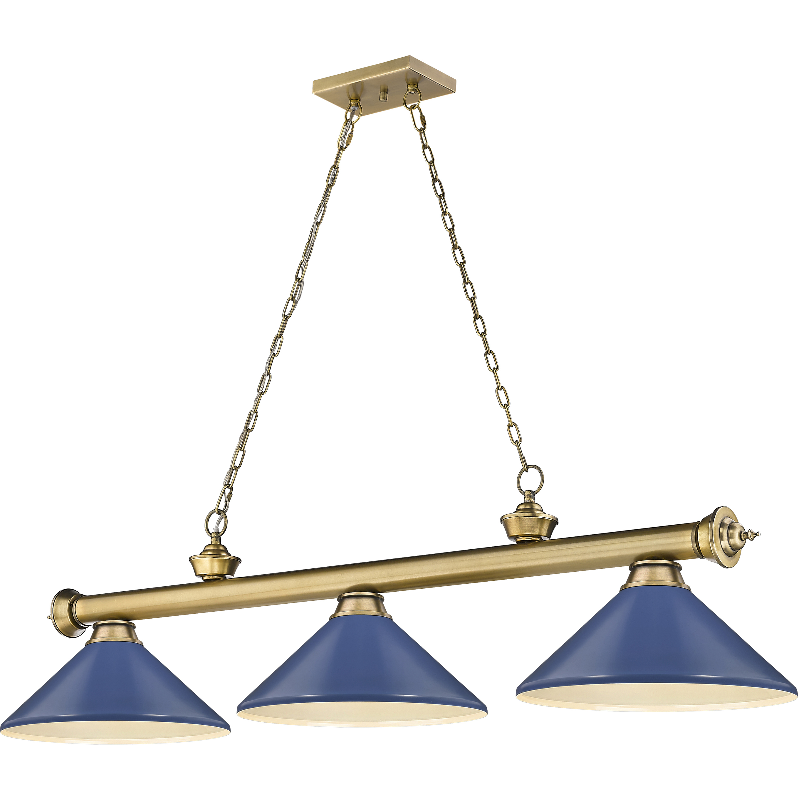 Cordon 3 Light 58 inch Rubbed Brass Billiard Ceiling Light in Navy Blue Steel