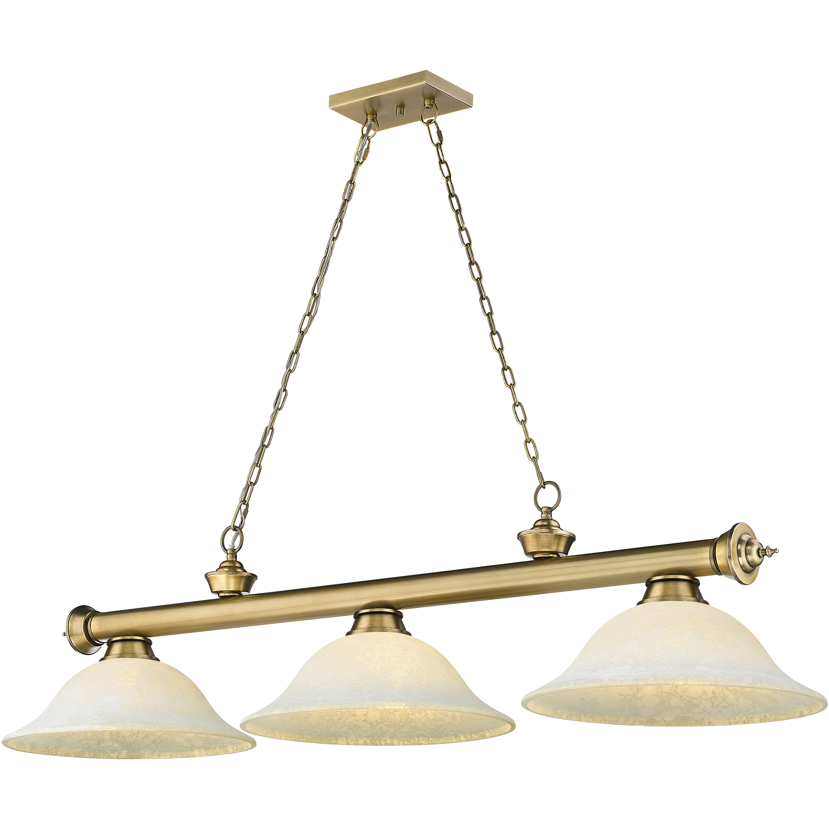 Cordon 3 Light 58 inch Rubbed Brass Billiard Ceiling Light in White Mottle Glass
