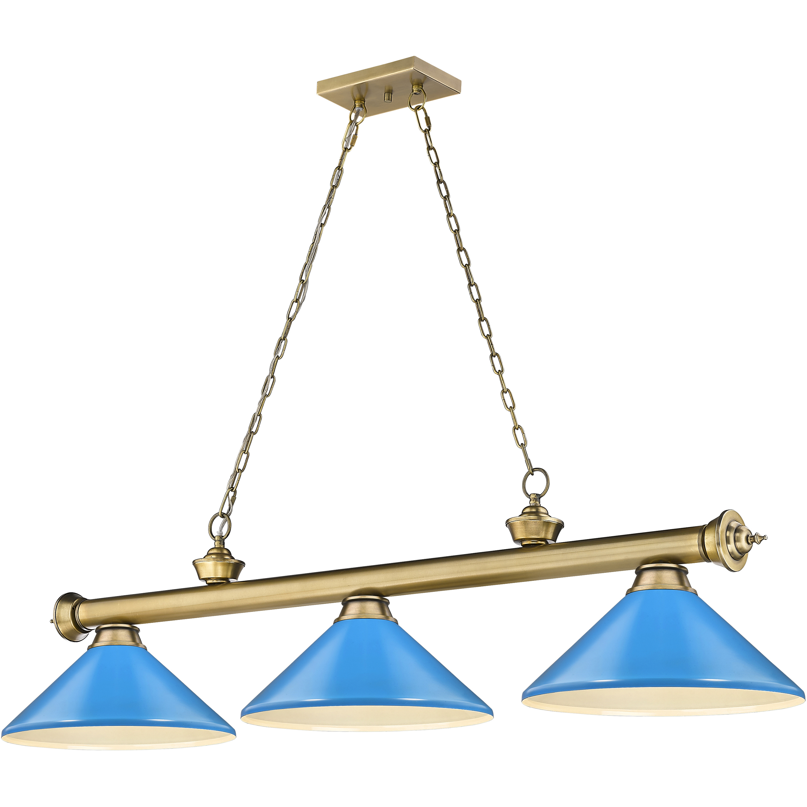 Cordon 3 Light 58 inch Rubbed Brass Billiard Ceiling Light in Electric Blue Steel